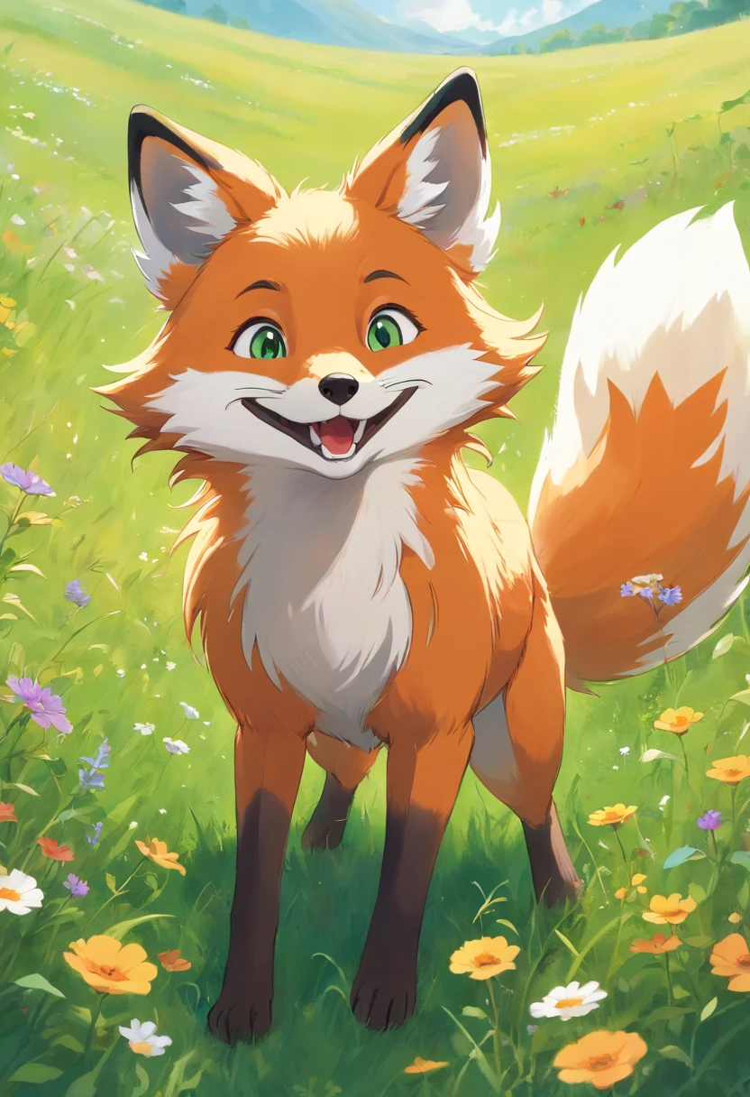 A playful Fox with beautiful shiny fur, wagging its tail, catching a frisbee in mid-air, running freely in a green meadow. The Fox's eyes are bright and expressive, its ears perked up with excitement. The fur is soft and fluffy, with a mix of white and golden shades. The Fox's tongue is hanging out, showing a happy smile. The meadow is filled with colorful wildflowers, creating a vibrant and joyful atmosphere. The lighting is warm and gentle, casting soft shadows on the Fox's fur. The image is of the best quality, with ultra-detailed features and realistic colors. It captures the essence of a fox's playful nature and the beauty of nature.