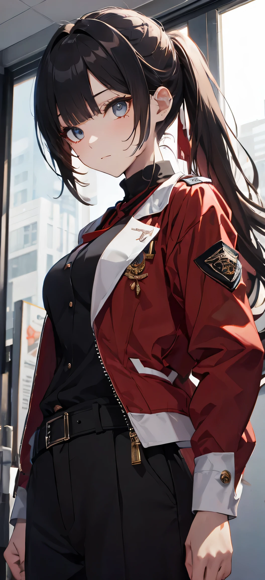 High resolution、Real Skin、Cowboy Shot、office、Slender body、Very small breasts、Delicate body、Sharp eyes、Nice face、single eyelid、Thin lashes、Beautiful Eyes、Beautiful Eyes、highest quality、Long ponytail、Black Hair、(Red jacket), uniform