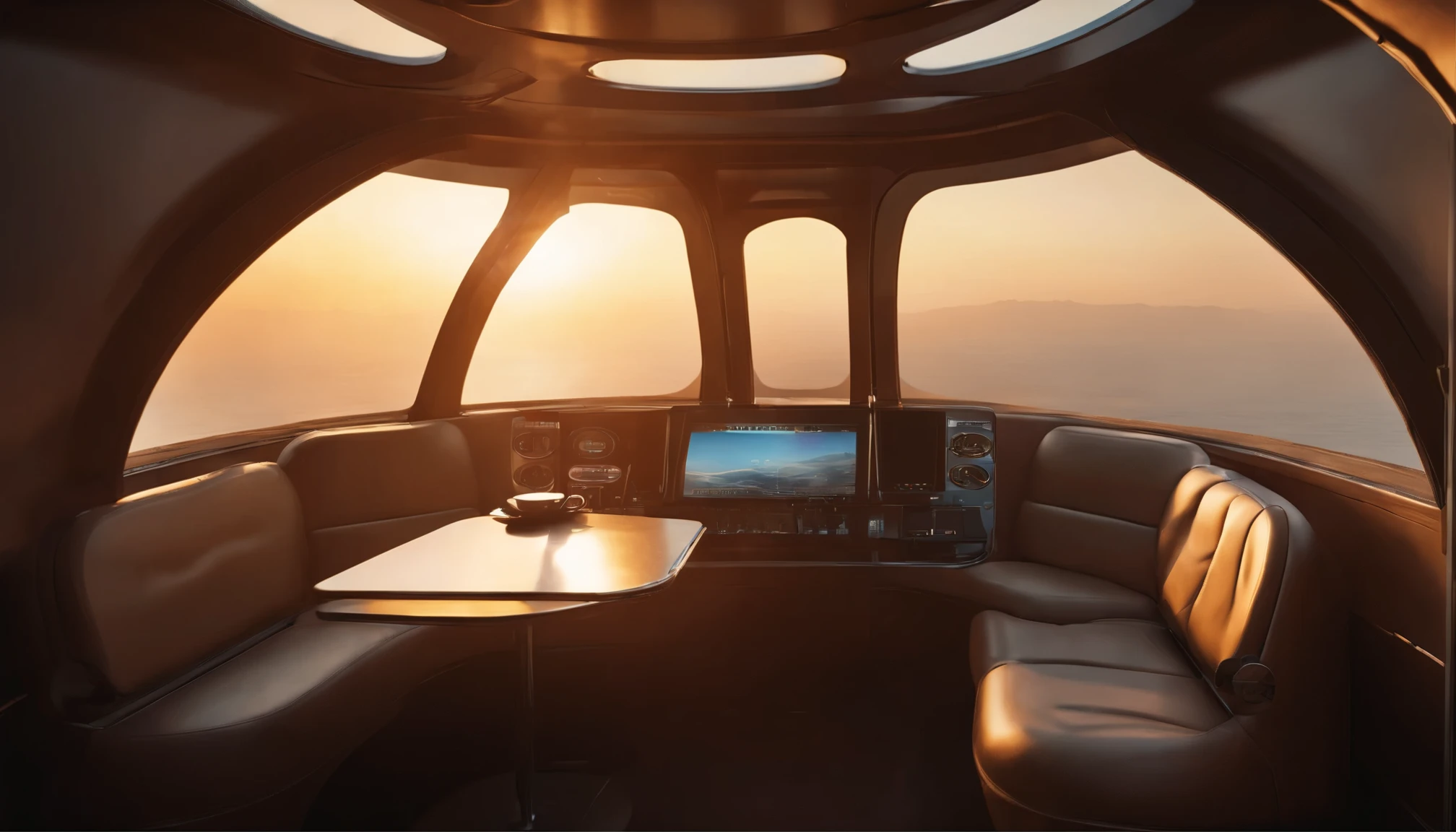 Looking out from the passenger seat of a large airship。The interior is decorated in a futuristic style reminiscent of a cozy home.、I can see the morning sun ahead、There is a coffee cup on the table、All objects have precise shapes、The object is not blurred、Perfect photo、Actual Photos、High resolution、delicate、８ｋ、