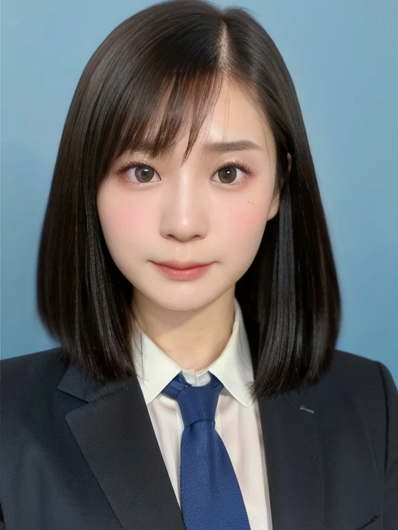 (kawaii 24 year-old Japanese girl, Nogizaka idol, Korean idol), (glossy black hair, medium bob, even and symmetric hair design:1.3), (pure black eyes, rounded face, single eyelid, no makeup, serious expression:1.2), (wearing suit jacket, collared shirt, necktie:1.3), (extra small breasts:0.9), (facing straight at camera:1.2), BREAK, (simple blue background, yearbook background:1.3), (portrait, id photo, bust shot, view from straight forward:1.3), (keep enough top margin to avoid the head cropped:1.3), BREAK, (masterpiece, best quality, photo realistic, official art:1.4), (UHD, 8K quality wallpaper, high resolution, raw photo, golden ratio:1.3), (shiny skin), professional lighting, physically based rendering, award winning, (highly detailed skin, extremely detailed face and eyes), Carl Zeiss 85 mm F/1.4, depth of field, 1girl, solo,