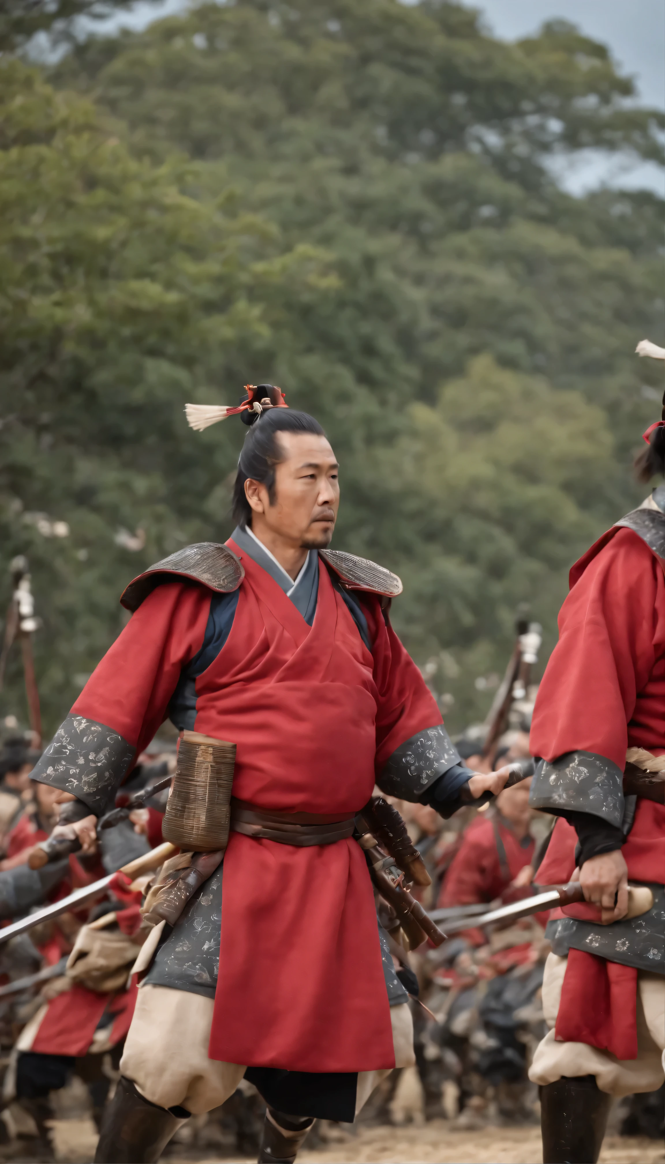High quality image of Sanada Yukimura, a dignified figure dressed in the traditional red armor of Japanese military rulers、Command and Control by Yukimura Sanada。In this scene in the movie、The general stood before the audience.、Surrounded by many retainers wearing red armor of the Sanada army、All have demonstrated unwavering loyalty and discipline.。The bright colors of their armor、Contrasting with the dark background、It enhances the dramatic visual impact of the scene.。The Shogun faces the impending battle、He gave a powerful speech to the troops.、The air is filled with intense energy。The torch flame flickers in the darkness、people々The photo was taken with Osaka Castle in the background.