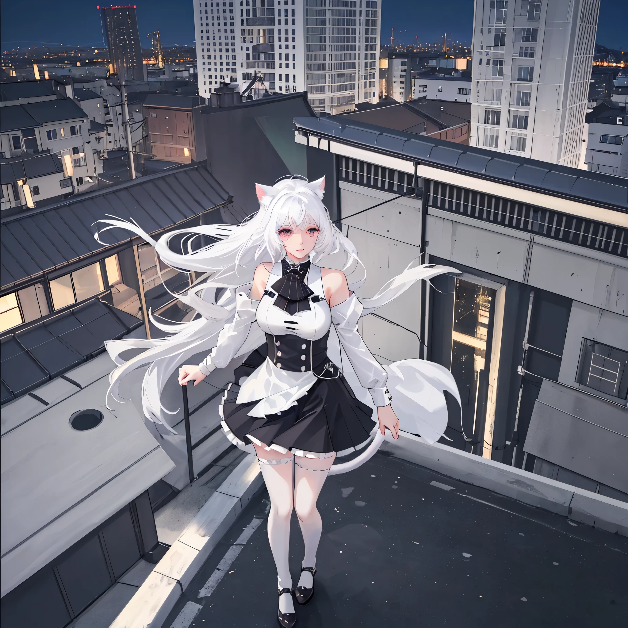 Girl，White hair，Cat ears，Short skirt，White Silk，Big Breasts，cute，Facial details，Building rooftop scene，night，The evening breeze blows