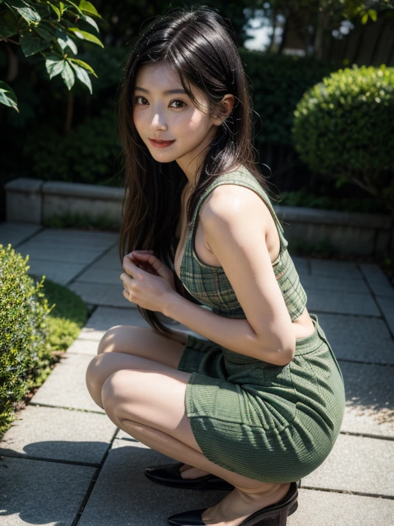 No leaks in neutral chest), 1 japanese woman, 30years old, baby face, tareme, ((small breasts:1.5)), ((squatting down)), green tartan check  one piece dress, (long  skirt:1.3), black pantyhose, open legs, enchanting eyes, double eyelid, charming smile, light smile, licking lips, freckles, black hair, hair over shoulder, (hairstyle waves), Beautiful woman with slender abs:1.3, office, Surrealism, depth of field, first-person view, sideways, back view, 35mm, f/1.2, Canon, 8K, UHD, masterpiece, textured skin, high details, high quality