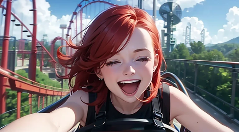 (8K), (best quality), (muste piece: 1.2) Pretty redhead woman laughing on a roller coaster