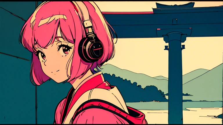 shoulder length pink Hair, fluffy bob cut, wearing headphones, Futuristic yet lofi, retro, master piece, (( side shot )), maiko, light smile, torii, Kyoto