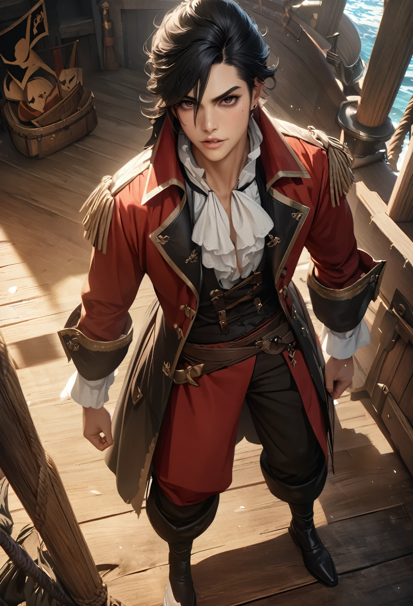 LittleMasterpiece, highest quality, high definition, high definition, high definition, high resolution, 4k, 8k, Unity 8K wallpaper, high definition CG, masterpiece, realistic, beautiful in every detail, depth, detailed texture, highest quality: 1.3, full concentration, perfect skin, he, very good-looking handsome young male pirate, anime, pirate, pirate costume, pirate ship, full body, mole under the eye, gaze looking at the viewer, parted lips,