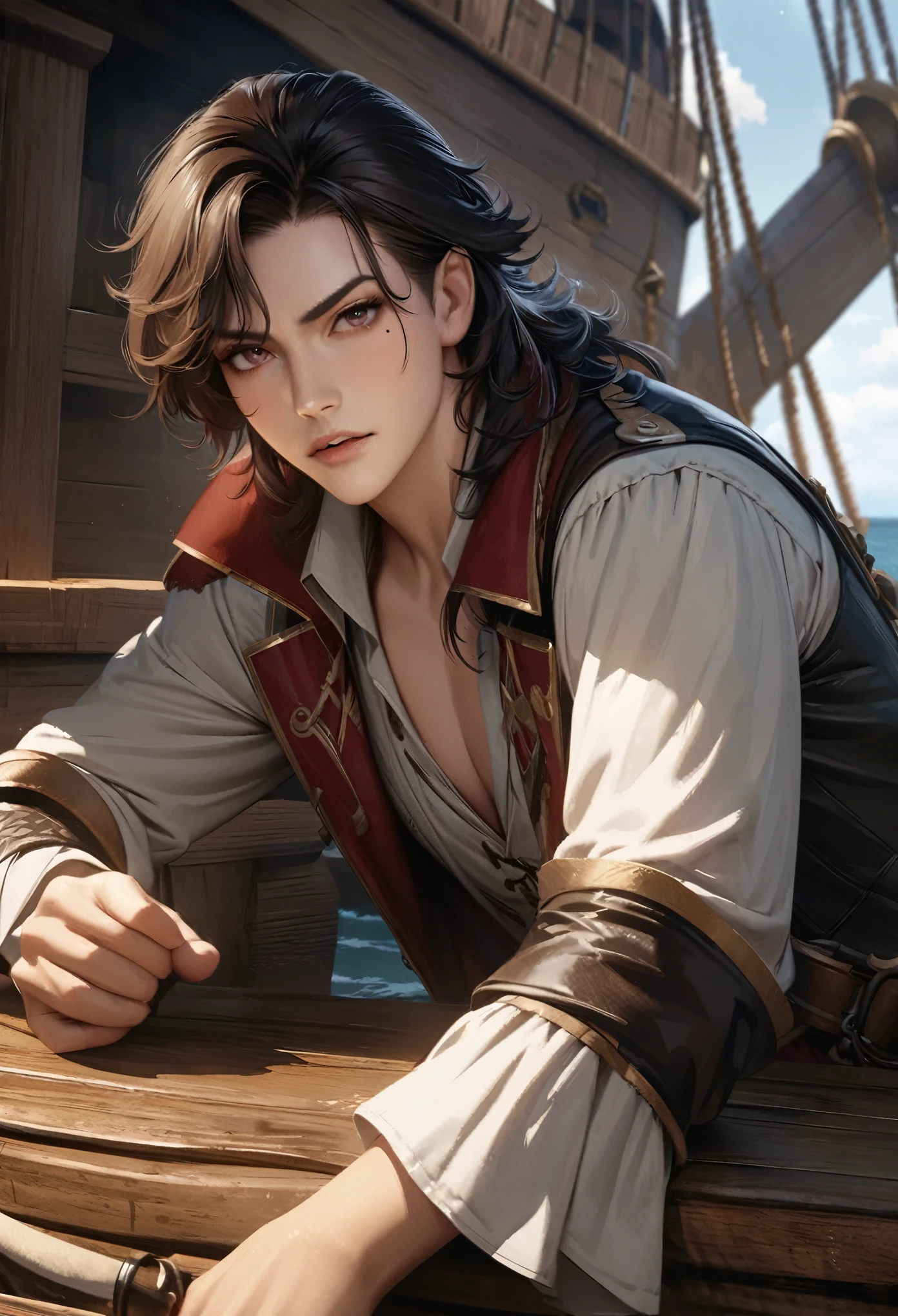 LittleMasterpiece, highest quality, high definition, high definition, high definition, high resolution, 4k, 8k, Unity 8K wallpaper, high definition CG, masterpiece, realistic, beautiful in every detail, depth, detailed texture, highest quality: 1.3, full concentration, perfect skin, he, very good-looking handsome young male pirate, anime, pirate, pirate costume, pirate ship, full body, mole under the eye, gaze looking at the viewer, parted lips,