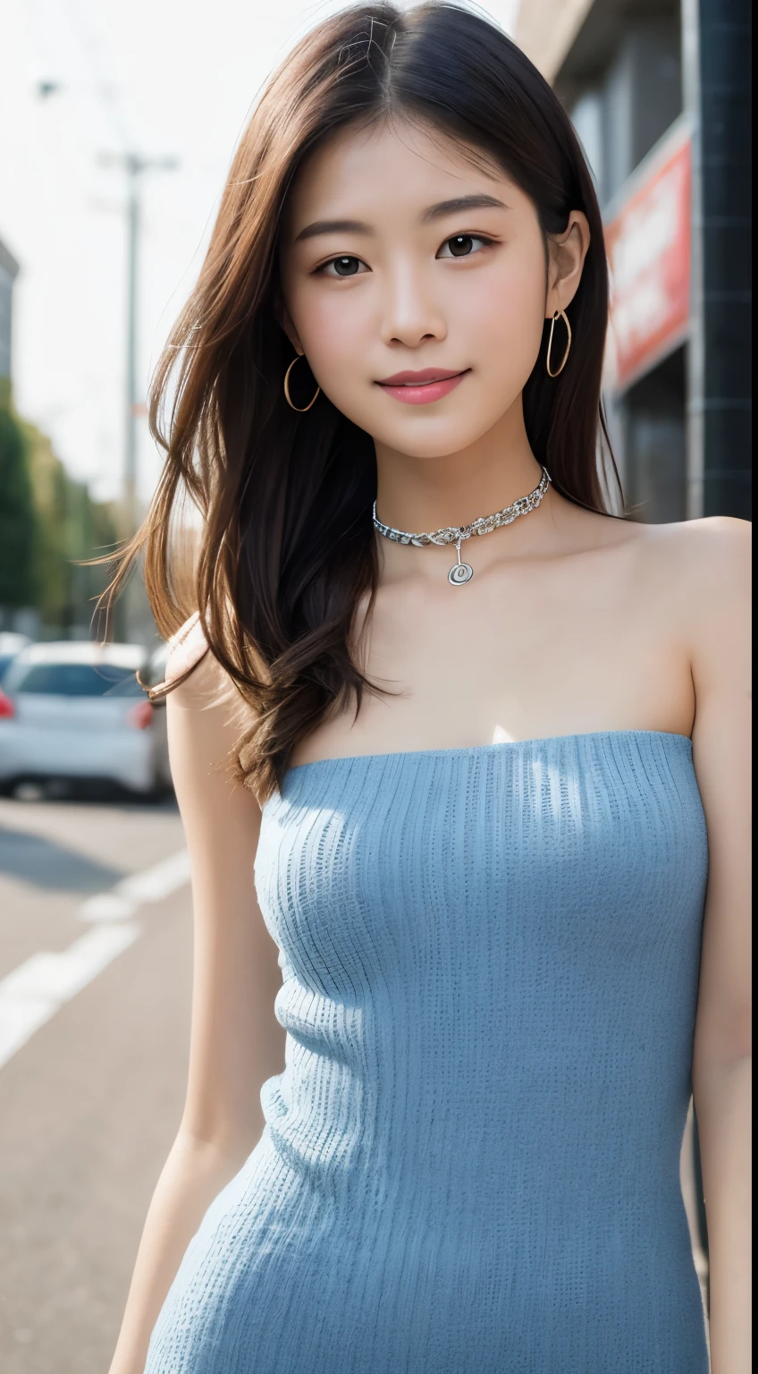 Tabletop, highest quality, figure, Very detailed, In detail, High resolution, 8k wallpaper, Perfect dynamic composition, Beautiful fine details, dress,Medium Hair, Center of chest, Natural color lip, Random sexy poses,smile,Aoyama Street Walk、20-year-old girl、Shoulderless knit（Shui Color）、Slid、Choker with chain、I keep my hair tied