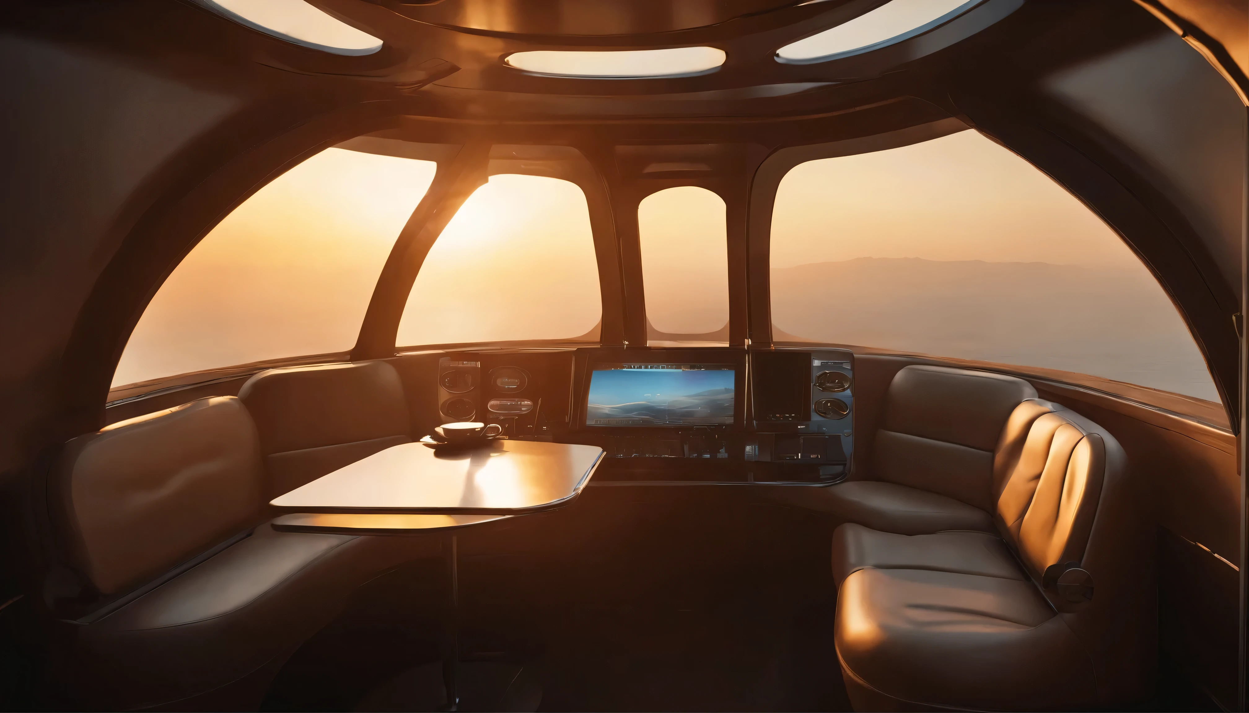 Looking out from the passenger seat of a large airship。The interior is decorated in a futuristic style reminiscent of a cozy home.、I can see the morning sun ahead、There is a coffee cup on the table、All objects have precise shapes、The object is not blurred、Perfect photo、Actual Photos、High resolution、delicate、8k、