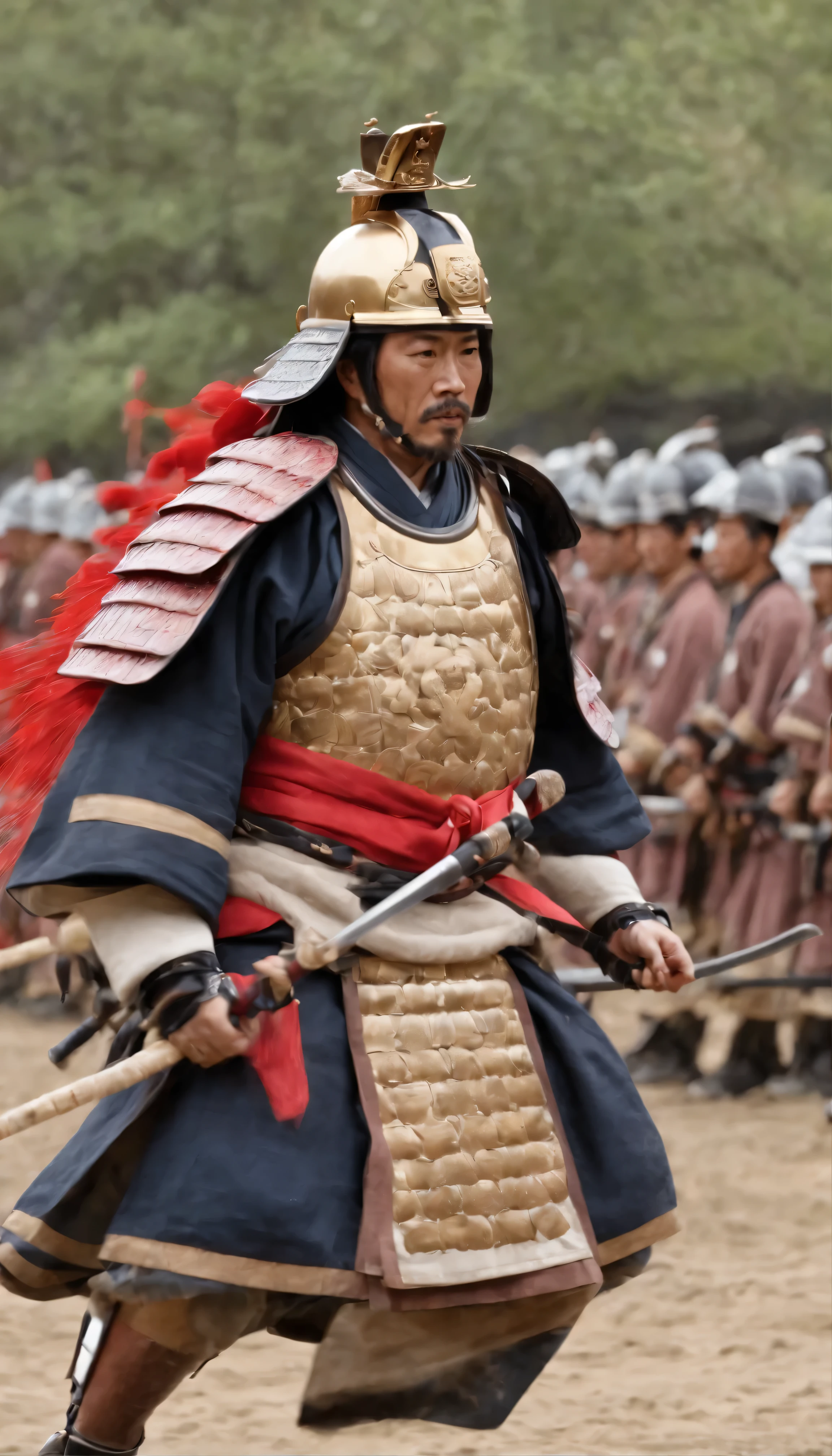 High quality image of Sanada Yukimura, a dignified figure dressed in the traditional red armor of Japanese military rulers、Command and Control by Yukimura Sanada。In this scene in the movie、The general stood before the audience.、Surrounded by many retainers wearing red armor of the Sanada army、All have demonstrated unwavering loyalty and discipline.。The bright colors of their armor、Contrasting with the dark background、It enhances the dramatic visual impact of the scene.。The Shogun faces the impending battle、He gave a powerful speech to the troops.、The air is filled with intense energy。The torch flame flickers in the darkness、people々The photo was taken with Osaka Castle in the background.