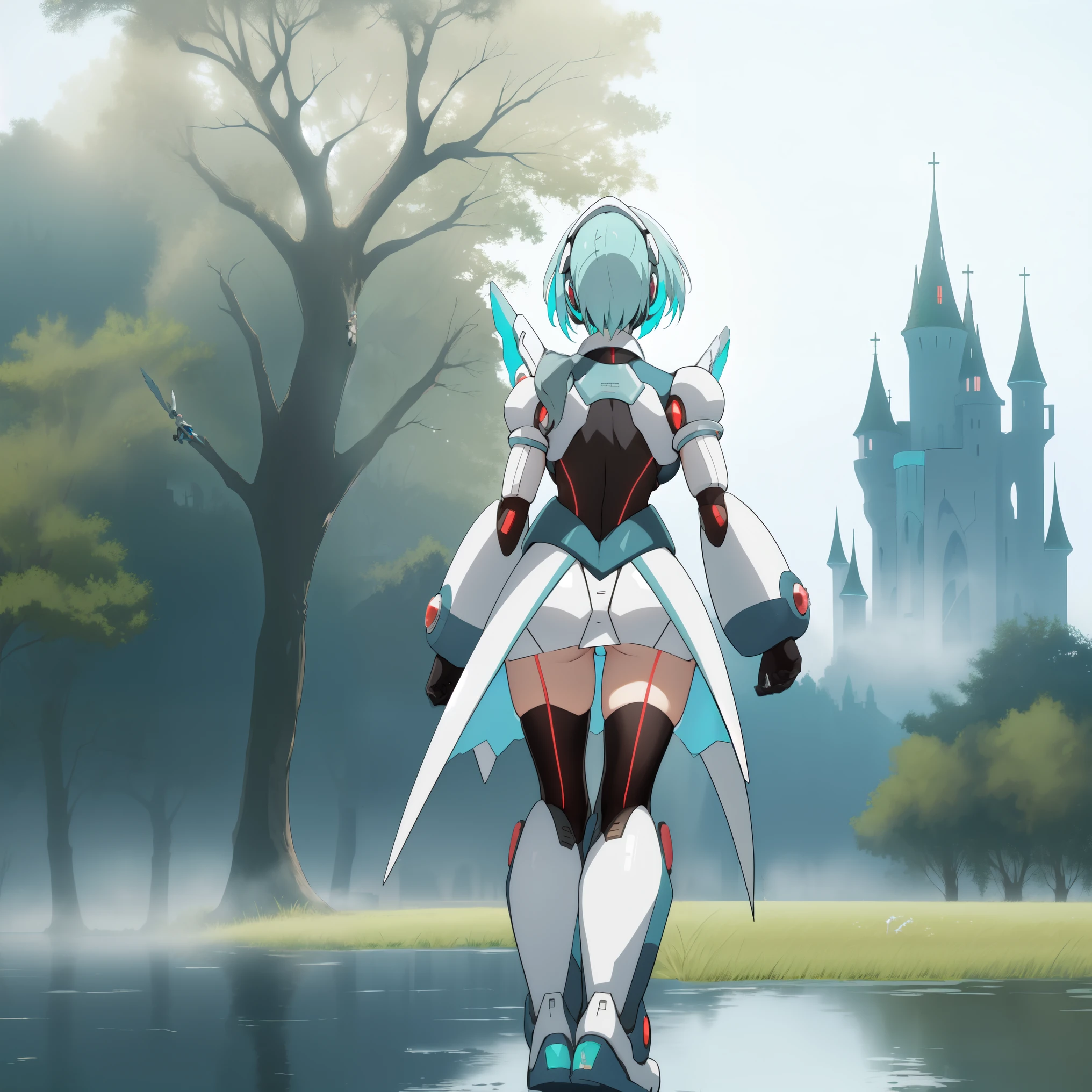 ico_megamanxdive, 1girl, blue eyes, solo, white hair, android, large breasts, black gloves, short hair, thighhighs, necktie, high quality, masterpiece, standing next to a swamp and castle surrounded by mist, outdoors, tree, solo, from behind, bird, facing away, scenery