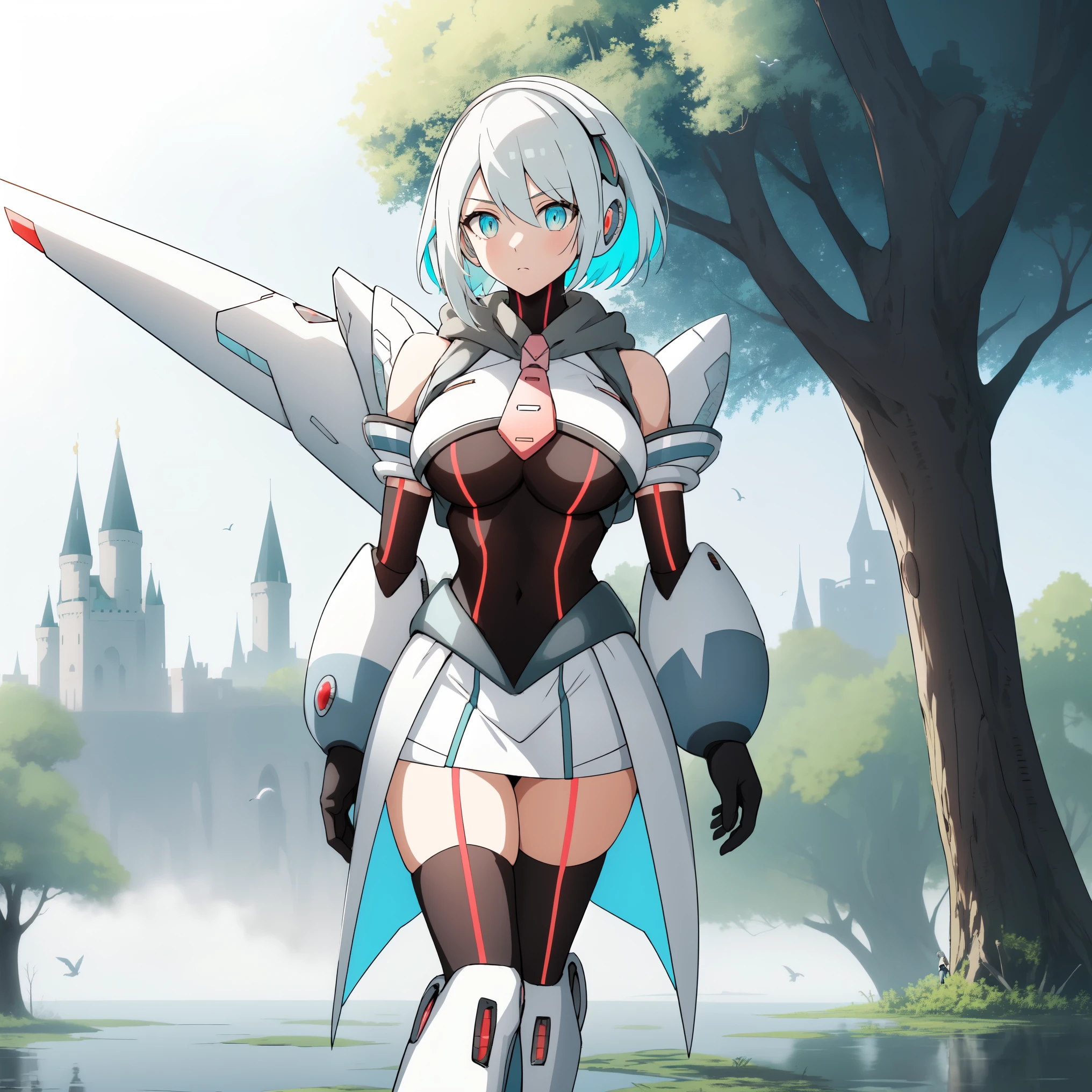 ico_megamanxdive, 1girl, blue eyes, solo, white hair, android, large breasts, black gloves, short hair, thighhighs, necktie, high quality, masterpiece, standing next to a swamp and castle surrounded by mist, outdoors, tree, solo, from behind, bird, facing away, scenery