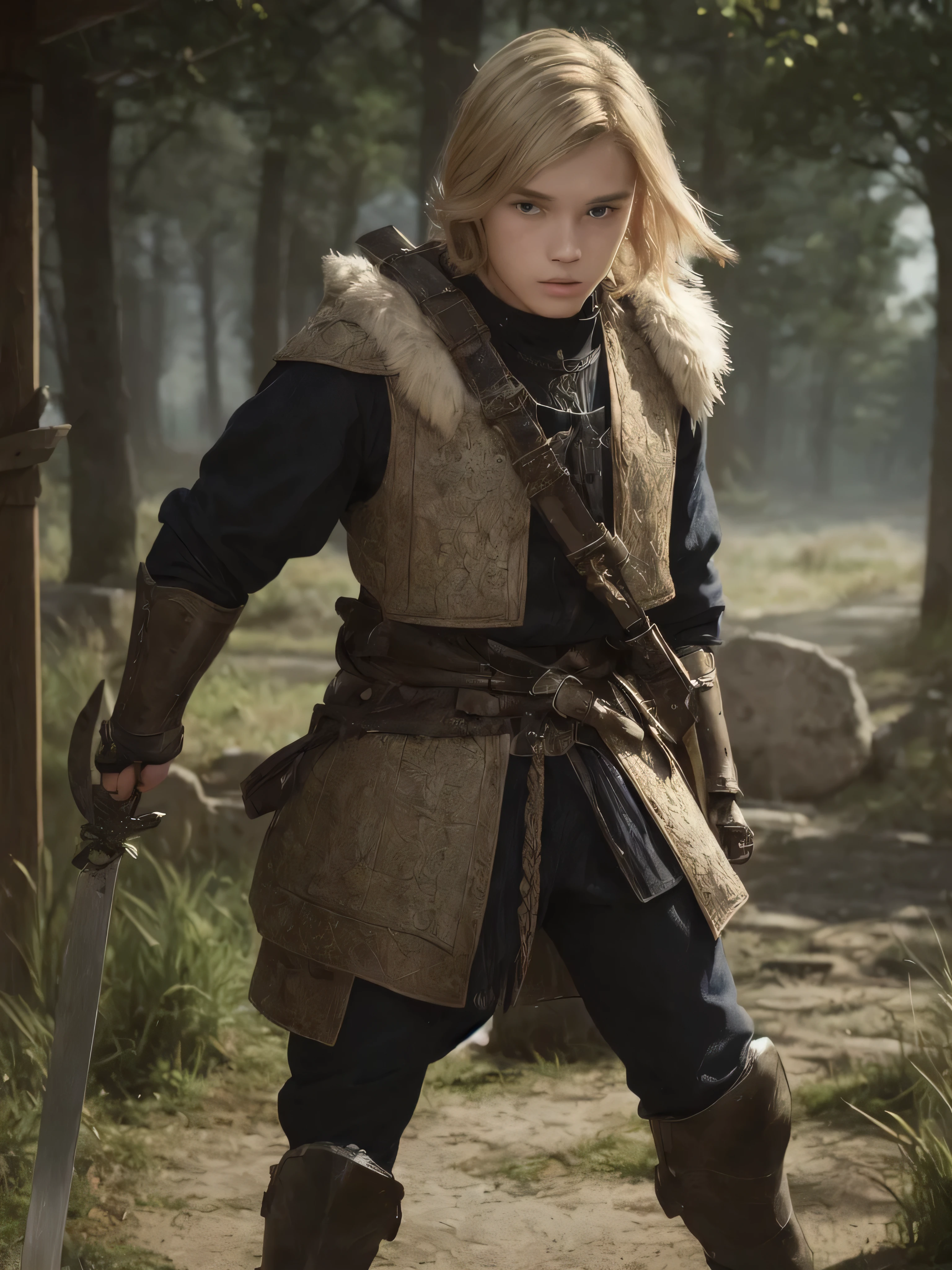 young north european teenage boy, of small statue, shaggy short blond hair and blue eyes, holding large sword, wearing ragged viking style lether armor, town background