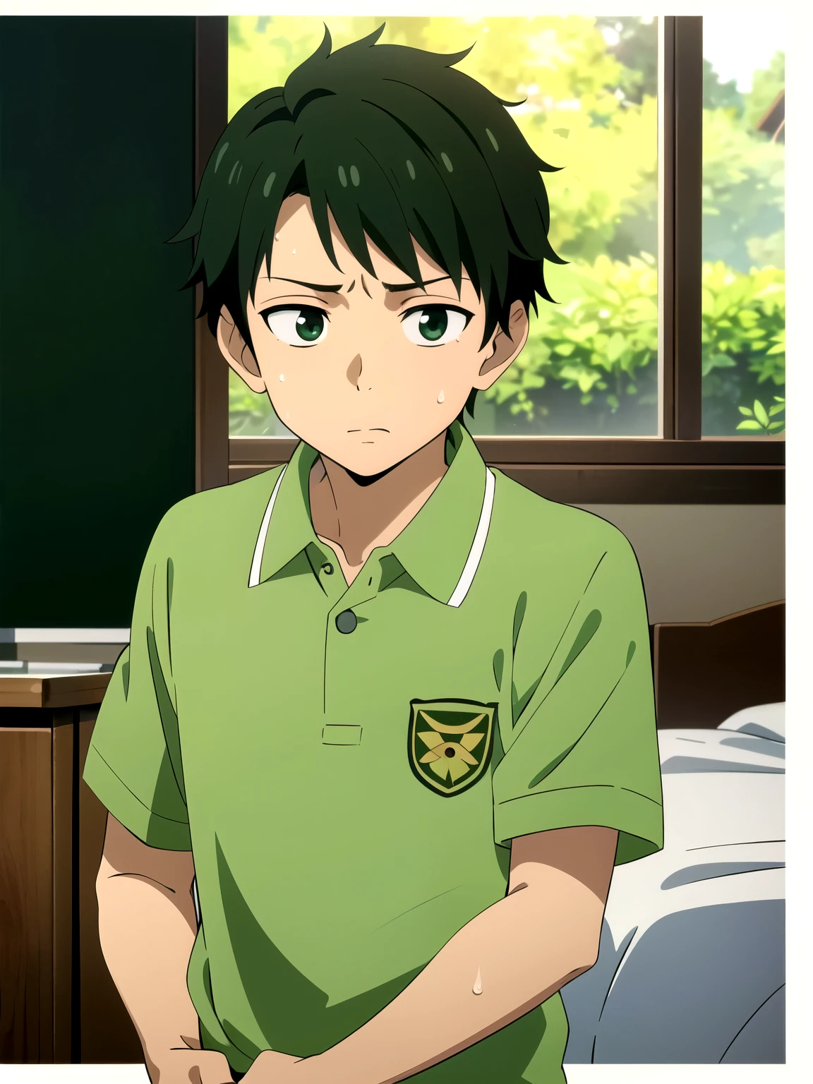 Highres, Masterpiece, Best quality at best,Best Quality,hight quality, hight detailed, Anime style, 1boy, Shota, Green polo shirt, depth of field, (very young boy), (very small and short body), 12-year-old boys, School, Sweat