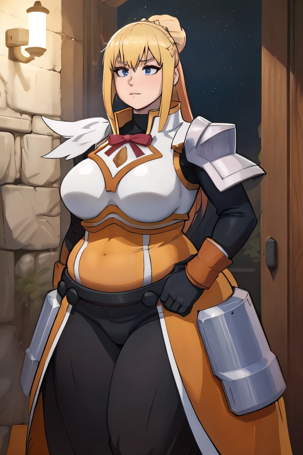 1woman, Darkness, Konosuba, blonde hair, darkness her clothes and armor, chubby, thick thighs. standing, normal chubby body, overweight, fat thighs, thick, wide hips, large breasts,