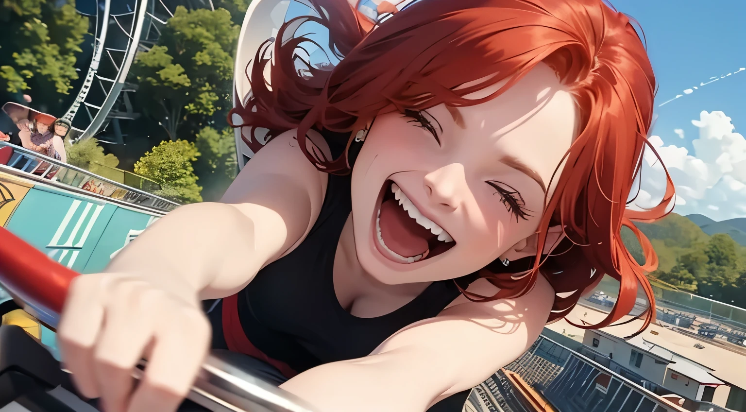 (8K), (best quality), (muste piece: 1.2) Pretty redhead woman laughing on a roller coaster