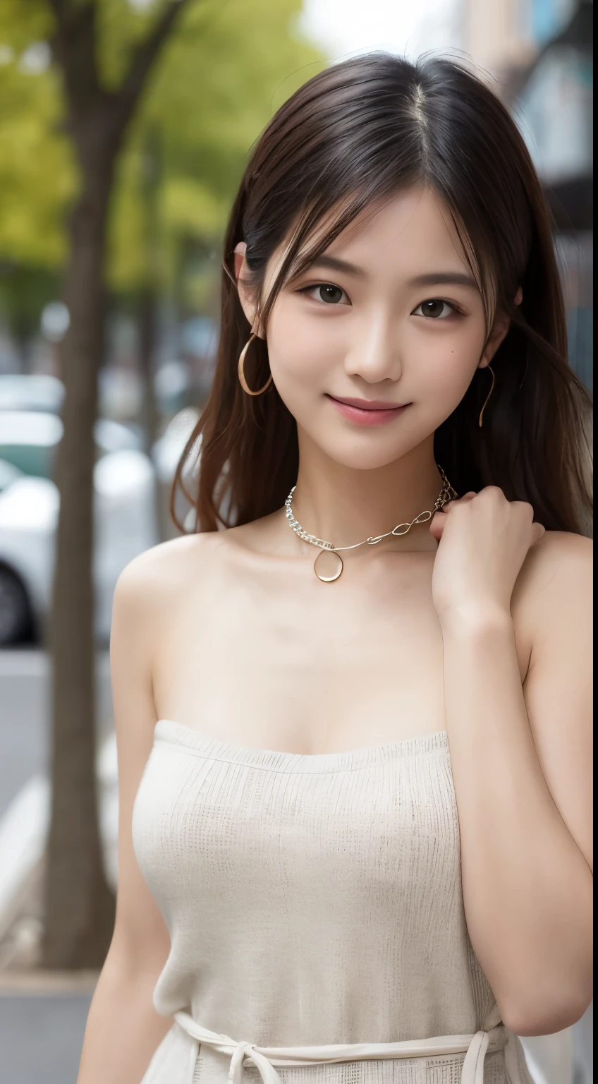 Tabletop, highest quality, figure, Very detailed, In detail, High resolution, 8k wallpaper, Perfect dynamic composition, Beautiful fine details, dress,Medium Hair, Center of chest, Natural color lip, Random sexy poses,smile,Aoyama Street Walk、20-year-old girl、Shoulderless knit(Shui Color)、Slid、Choker with chain、I keep my hair tied