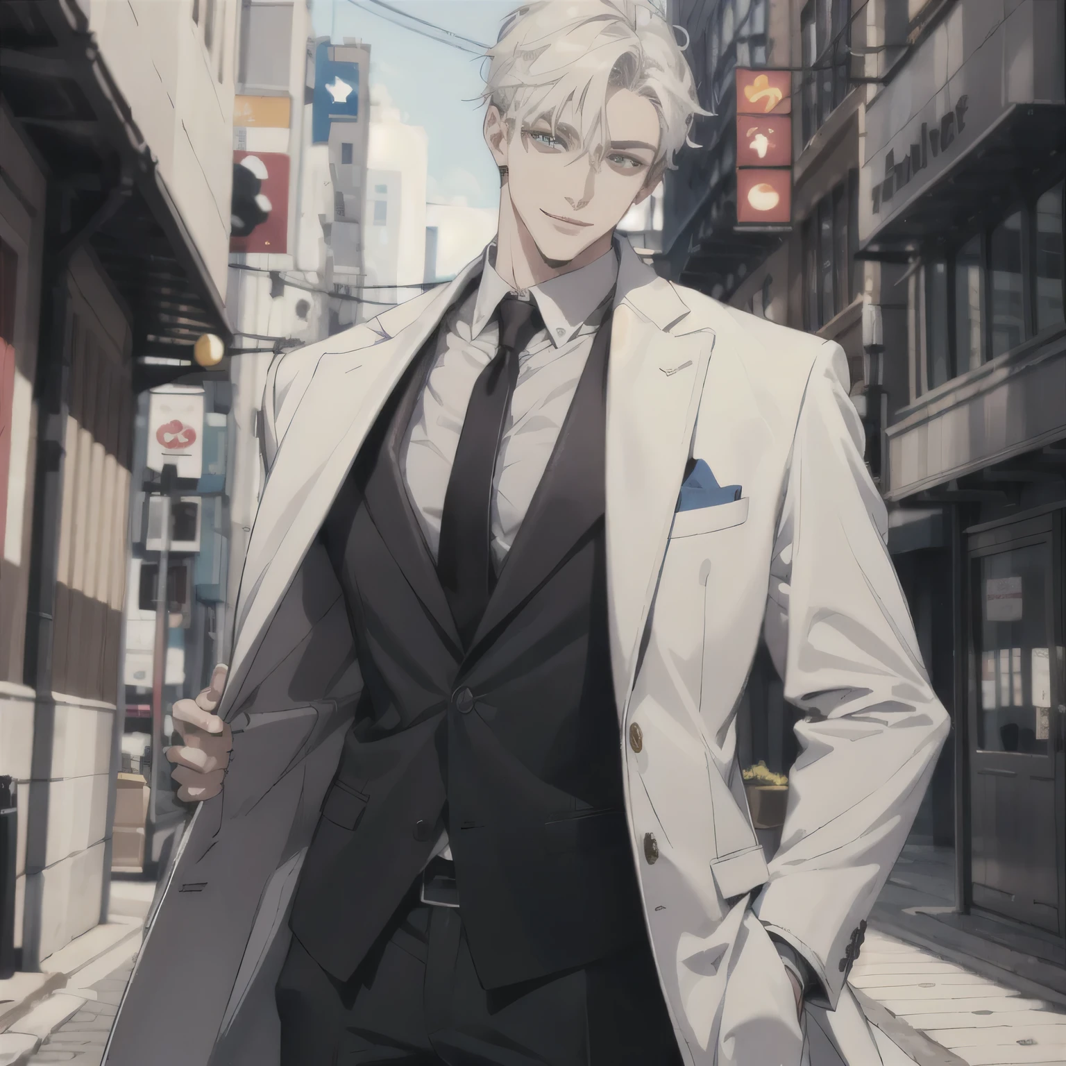 masterpiece, best quality, 1 male, adult, tall muscular, handsome, finely detailed eyes, intricate details, suit, white coat, smile, outdoor