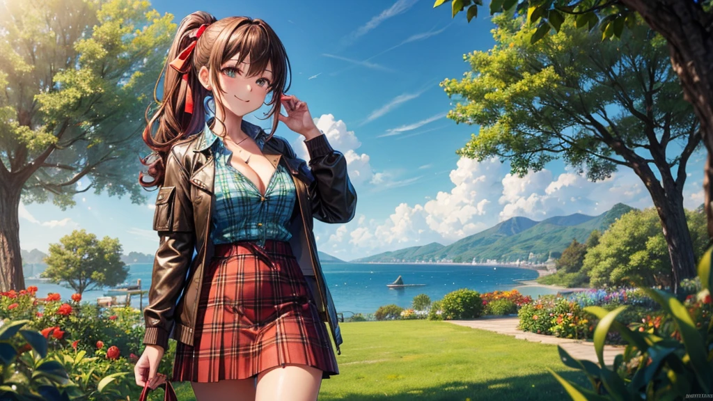 1girl, full body, summer, village, trees, sun, clouds, ((colorful hair)), long hair, curly hair, ponytail, large breasts, button down shirt, ((green checked shirt)), ((unbuttoned shirt)), unbuttoning buttons, popping buttons, cleavage 1:3, brown eyes, ((opened brown zipper jacket)), leather jacket, ((red black skirt)), smile, looking at the viewer, touching neck, standng, hair ribbon, golden necklate