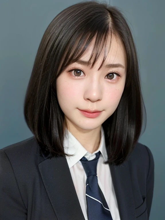 (kawaii 24 year-old Japanese girl, Nogizaka idol, Korean idol), (glossy black hair, medium bob, even and symmetric hair design:1.3), (pure black eyes, rounded face, single eyelid, no makeup, serious expression:1.2), (wearing suit jacket, collared shirt, necktie:1.3), (extra small breasts:0.9), (facing straight at camera:1.2), BREAK, (simple blue background, yearbook background:1.3), (portrait, id photo, bust shot, view from straight forward:1.3), (keep enough top margin to avoid the head cropped:1.3), BREAK, (masterpiece, best quality, photo realistic, official art:1.4), (UHD, 8K quality wallpaper, high resolution, raw photo, golden ratio:1.3), (shiny skin), professional lighting, physically based rendering, award winning, (highly detailed skin, extremely detailed face and eyes), Carl Zeiss 85 mm F/1.4, depth of field, 1girl, solo,