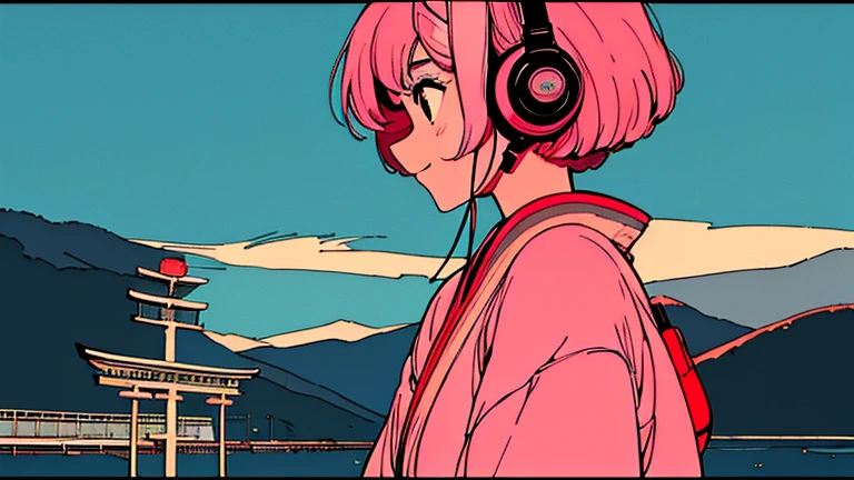shoulder length pink Hair, fluffy bob cut, wearing headphones, Futuristic yet lofi, retro, master piece, (( side shot )), maiko, light smile, torii, Kyoto