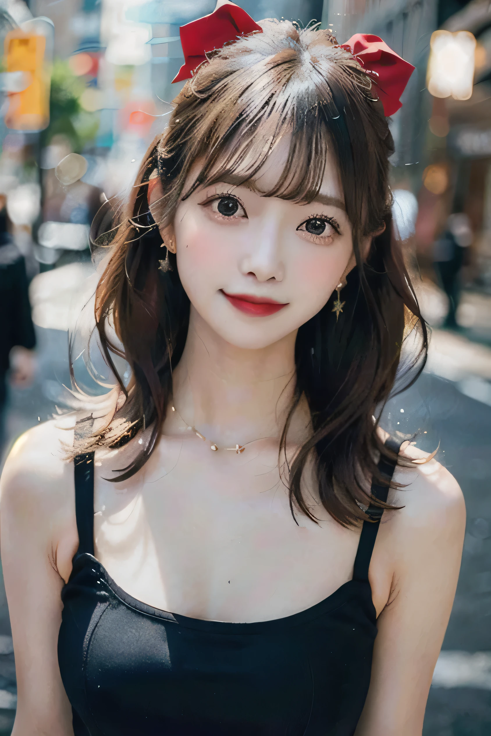 (8K, RAW photo,highest quality, High resolution:1.1), (hyperrealistic:1.4),(realistic, photorealistic:1.3), soft light,big breasts,girl,realistic face,realistic body,realistic skin,disorganized,masterpiece,(cute:1.8), cuties, alone, (big breasts:1.2), fine black eyes,innocent eyes,Red,(T-shirt:1.2), cinema light,film grain,jewelry,earrings,((medium hair:1.1)),((Floating hair NovaFrog style)),cherry color lip,hair ribbon,hair ribbon,ponytail,close,view viewer,long hair,Upper body,open lips,upper teeth, (smiling eyes:0.6),((grin:1.2)),Depth of the bounds written, blurred background, focus of the eye, Bokeh,young, 85mm lens, f/1.4,professional lighting, young,portrait,photon mapping,radio city,Physically based rendering/No bra