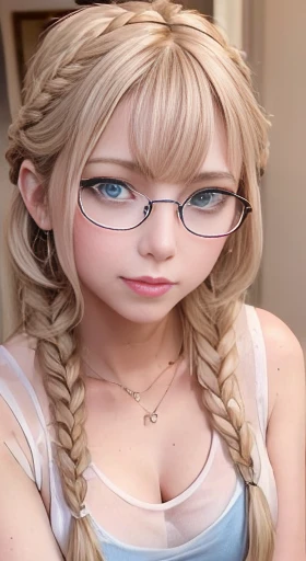 1 Female,Golden Hair, ,((Annoyed expression)),Beautiful breasts,Thin white tank top,Stylish,,(Look forward)(((Blushing、Surprised expression)),(((Short braid))),((( Upper body portrait)))Frameless Glasses,blue eyes,(((The front hair is even)))((See through))sexy bra,Upper Body Shot,