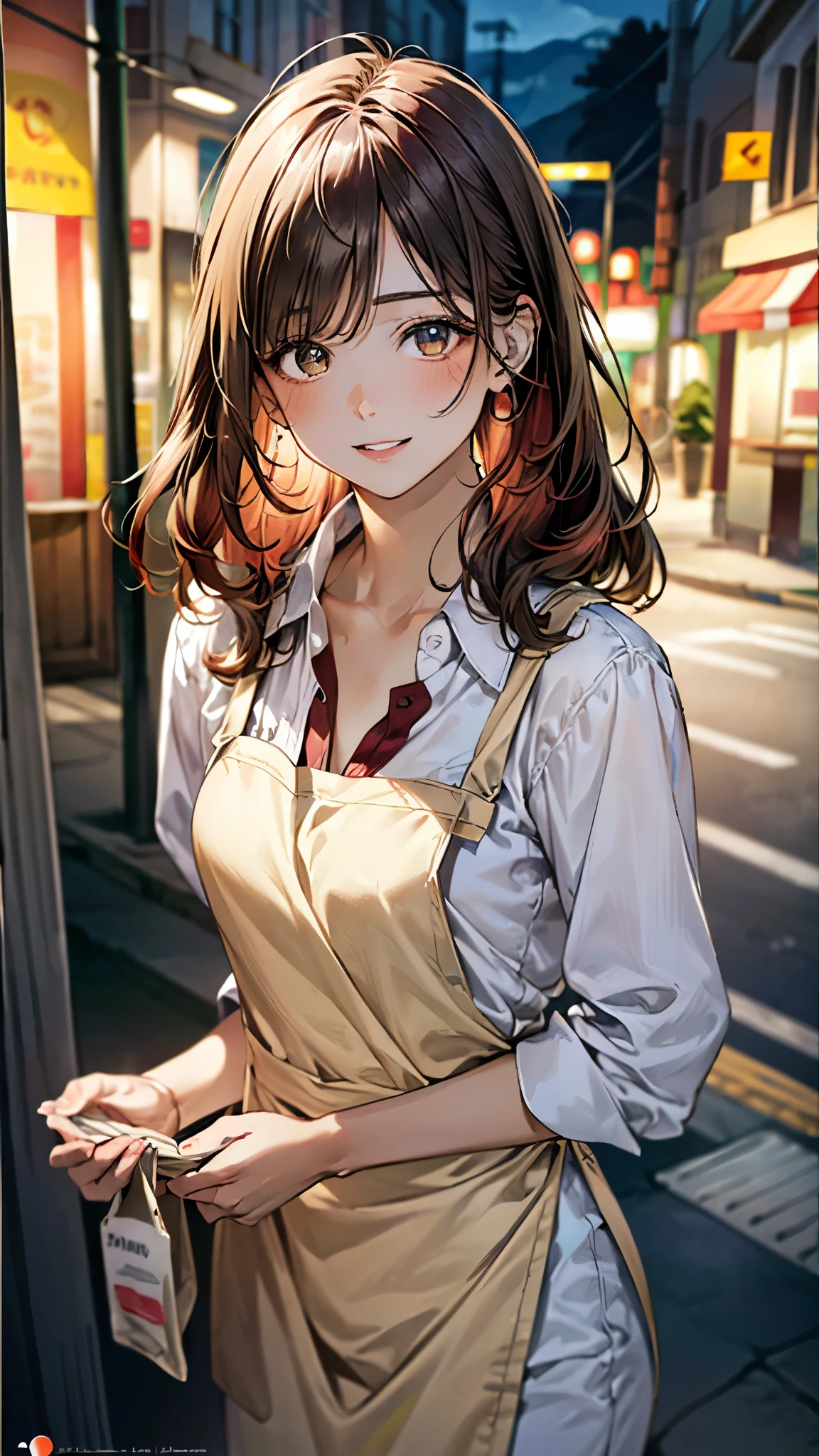 (masterpiece:1.3, top-quality, ultra high resolution, ultra detailed), (realistic, photorealistic:1.4), beautiful illustration, perfect lighting, natural lighting, depth of fields,
beautiful detailed hair, beautiful detailed face, beautiful detailed eyes, beautiful clavicle, beautiful body, beautiful chest, beautiful thigh, beautiful legs, beautiful hands,
looking at viewer, 1 girl, high school girl, convenience store clerk, (perfect anatomy, anatomically correct), cute and symmetrical face, face, perfect face, perfect eyes, shiny skin,
(chignon:1.8, straight hair, red hair), asymmetrical bangs, dark green eyes, long eye lasher, (medium breasts),
(detailed cloth texture, white collared blouse, shirt, apron with store logo, name tag is attached to the chest),
(beautiful scenery), evening, (convenience store), standing, perfect contrapposto pose, (lovely smile, upper eyes, parted lips),