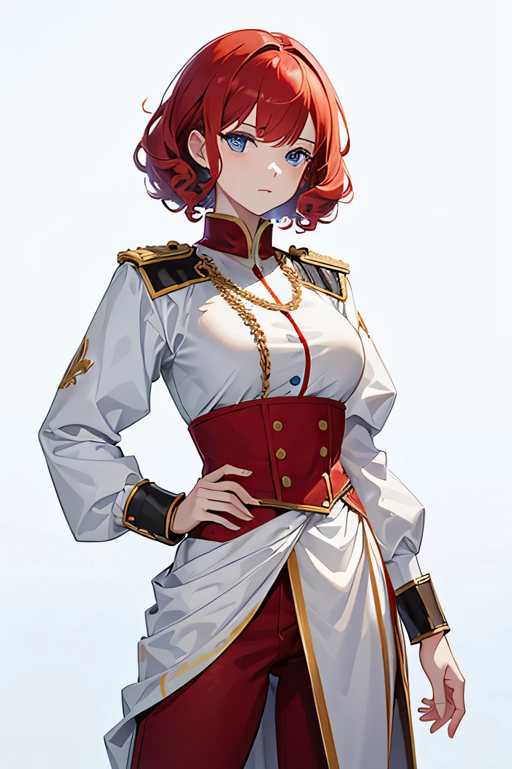 ((best quality)), ((masterpiece)), (detailed), perfect face, girl, red short curly hair, white medieval officer outfit with pants, medium bust, blue eyes, white background, full body