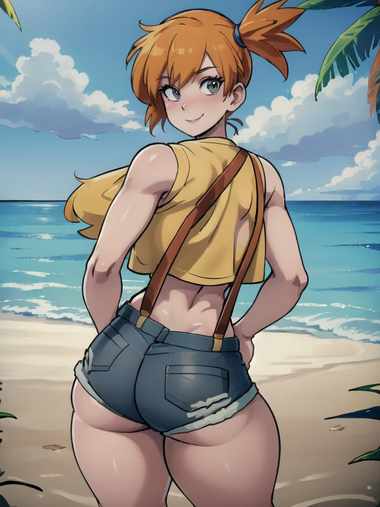 ((masterpiece,best quality)), absurdres,
Misty_Pokemon, yellow crop top, suspenders, side ponytail, orange hair, denim shorts,
solo, smiling, blushing, looking at viewer, cowboy shot, from behind,
cinematic composition, contrapposto,
tropical beach,