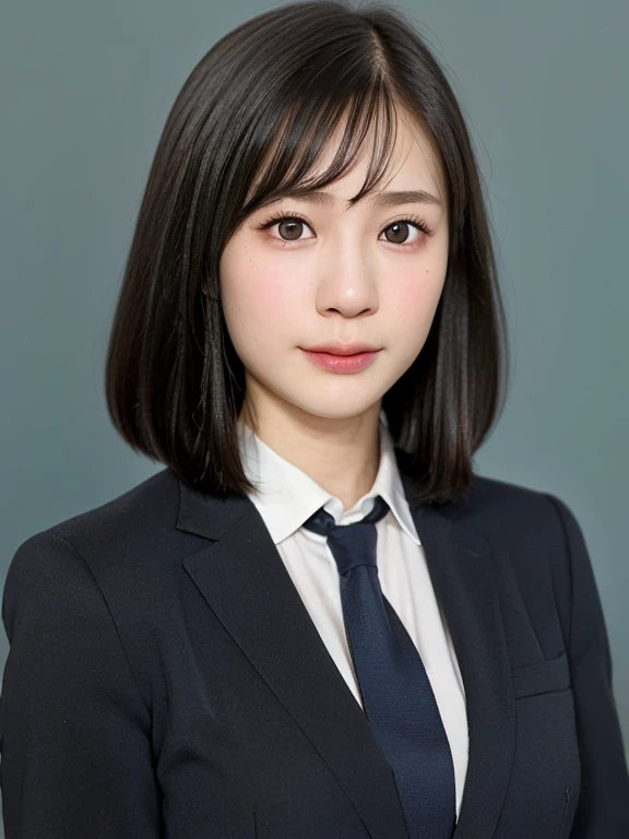 (kawaii 24 year-old Japanese girl, Nogizaka idol, Korean idol), (glossy black hair, medium bob, even and symmetric hair design:1.3), (pure black eyes, rounded face, single eyelid, no makeup, serious expression:1.2), (wearing suit jacket, collared shirt, necktie:1.3), (extra small :0.9), (facing straight at camera:1.2), BREAK, (simple blue background, yearbook background:1.3), (portrait, id photo, bust shot, view from straight forward:1.3), (keep enough top margin to avoid the head cropped:1.3), BREAK, (masterpiece, best quality, photo realistic, official art:1.4), (UHD, 8K quality wallpaper, high resolution, raw photo, golden ratio:1.3), (shiny skin), professional lighting, physically based rendering, award winning, (highly detailed skin, extremely detailed face and eyes), Carl Zeiss 85 mm F/1.4, depth of field, 1girl, solo,