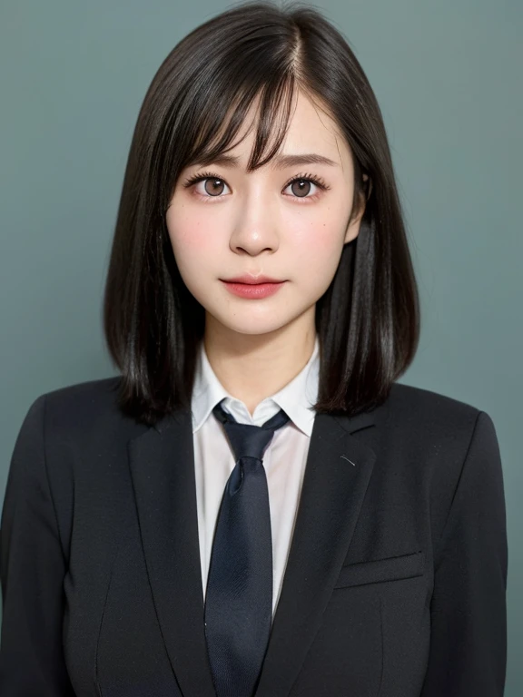 (kawaii 24 year-old Japanese girl, Nogizaka idol, Korean idol), (glossy black hair, medium bob, even and symmetric hair design:1.3), (pure black eyes, rounded face, single eyelid, no makeup, serious expression:1.2), (wearing suit jacket, collared shirt, necktie:1.3), (extra small breasts:0.9), (facing straight at camera:1.2), BREAK, (simple blue background, yearbook background:1.3), (portrait, id photo, bust shot, view from straight forward:1.3), (keep enough top margin to avoid the head cropped:1.3), BREAK, (masterpiece, best quality, photo realistic, official art:1.4), (UHD, 8K quality wallpaper, high resolution, raw photo, golden ratio:1.3), (shiny skin), professional lighting, physically based rendering, award winning, (highly detailed skin, extremely detailed face and eyes), Carl Zeiss 85 mm F/1.4, depth of field, 1girl, solo,