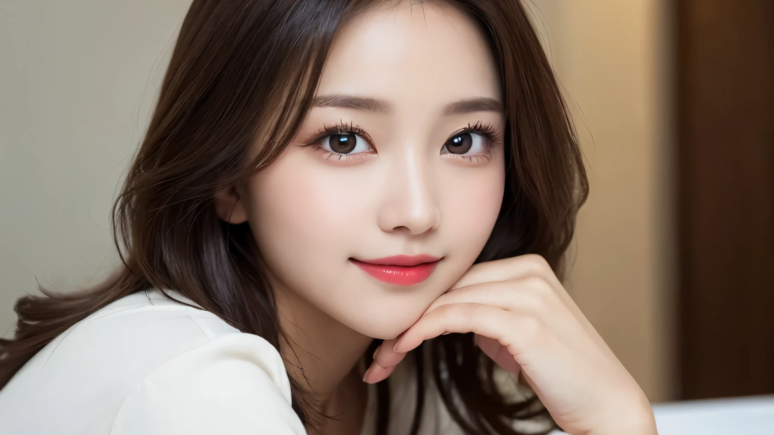 on the table, best quality, shape, Super detailed, Finely, high resolution, 8k wallpaper, 完璧なダイナミックな構shape, Beautiful and delicate eyes, Medium Length Hair, Small Breasts, Natural lipstick, Casual sexy pose,Smile,20 year old girl、midnight、Beautiful and detailed face、Perfect beautiful face,big eyes、original photo、Use the whole body to express female posture、Beautiful and delicate eyes、Small face、Beautiful duplex、Facelift and style,skirt、Beautiful golden ratio face,Long hair