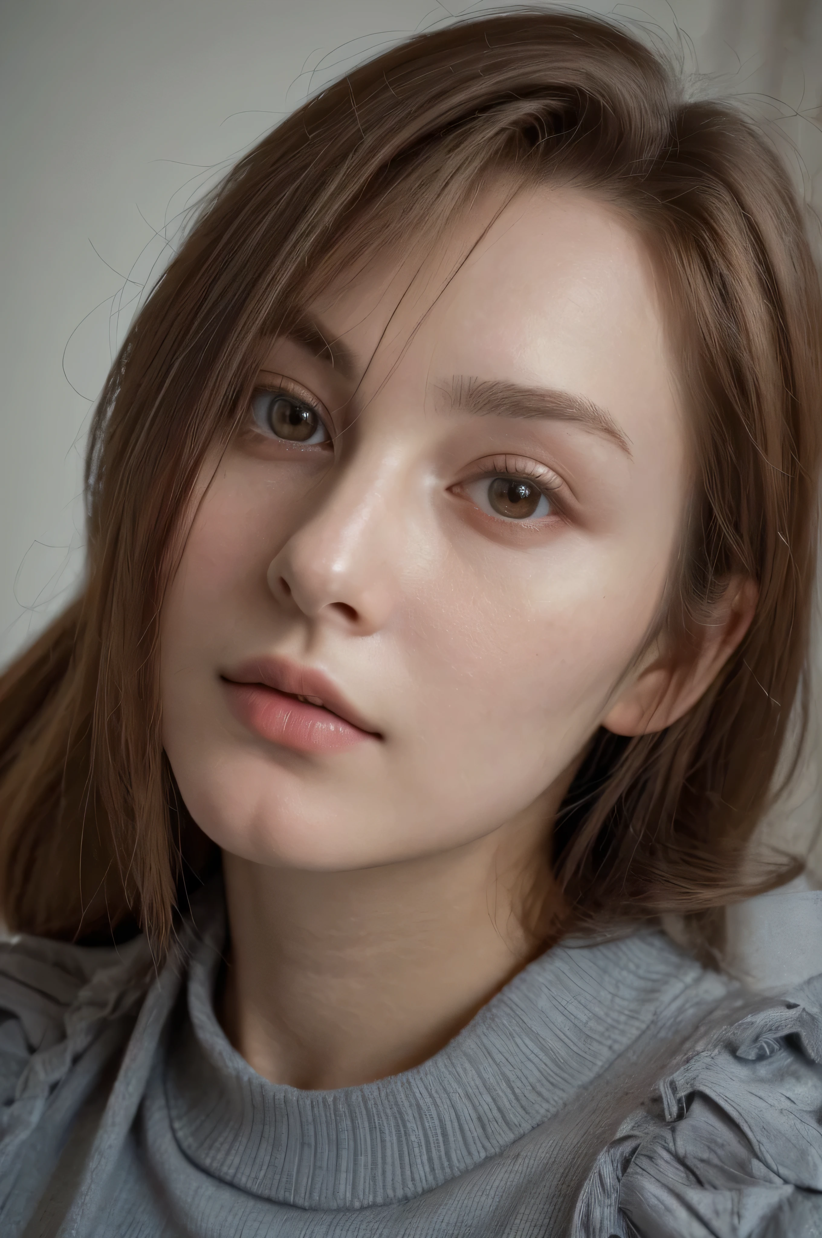 (8K, raw photo, Best quality, masterpiece:1.2), (realistic, photo-realistic:1.2), ultra detailed, Portrait photo of a woman 20 years old., Slavic appearance, neckline cutout, Shy, Brown hair, ((Close-up)), bedroom, (different clothes) ,(low angle), (posing for the viewer),