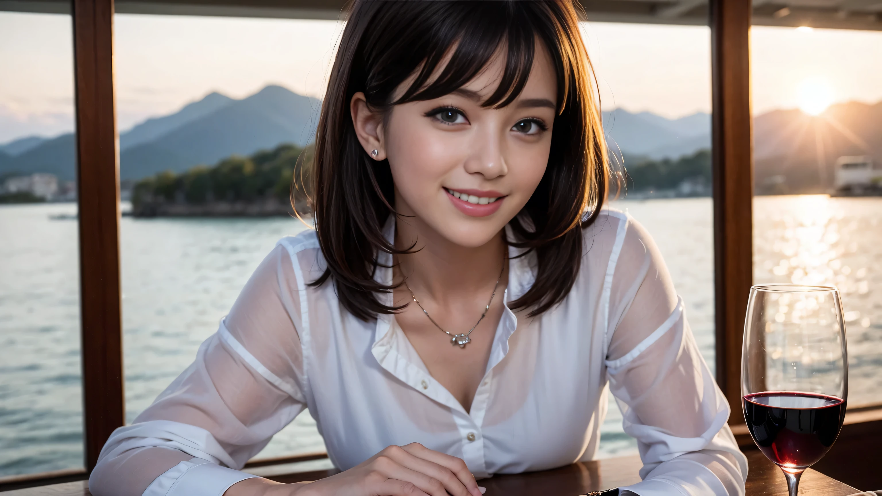 ((highest quality、8k、masterpiece:1.3))、Sharp focus:1.2、Beautiful woman perfect body:1.4、Slim body、((Bob Hale、Straight hair:1.2))、(to be born, highest quality, masterpiece:1.5), (Realistic, Intricate details:1.2), Ultra-high resolution, shine a light on your face、Spectacular view of the sunset sky and clouds、Amazing mountain views、A bright smile、wine glass、red wine 、Appetizer、Italian food、Wine bottle、Champagne、sparkling wine、, Beautiful Face, blue eyes, The light shines on your face, Blushing, short hair,Bright Face、Fox face、 (36 years old), 39 years old, Lady、Two beauties、Brown Hair、Shortcuts、Long sleeve shirt、dress、Pretty Woman 1, (Slim face), (The body is slim), (Brown Hair), (Shortcuts), cheeks turn a little red,Attractive beauty、, Out of the window, A beautiful and detailed night view unfolds.........., restaurant, In a prominent place (From the waist up) Nova Frog Style, actress, model, Upper Body, White wine, slim, wine glass, A wine glass placed in the middle, smile, (smile: 1.15), Beautiful fine grain, Depth f/2,saturation, High Contrast, Strong light and shadow,Moist Body:1.5、3D texture、Delicate eyes、Brown Hair、The hair is very shiny、