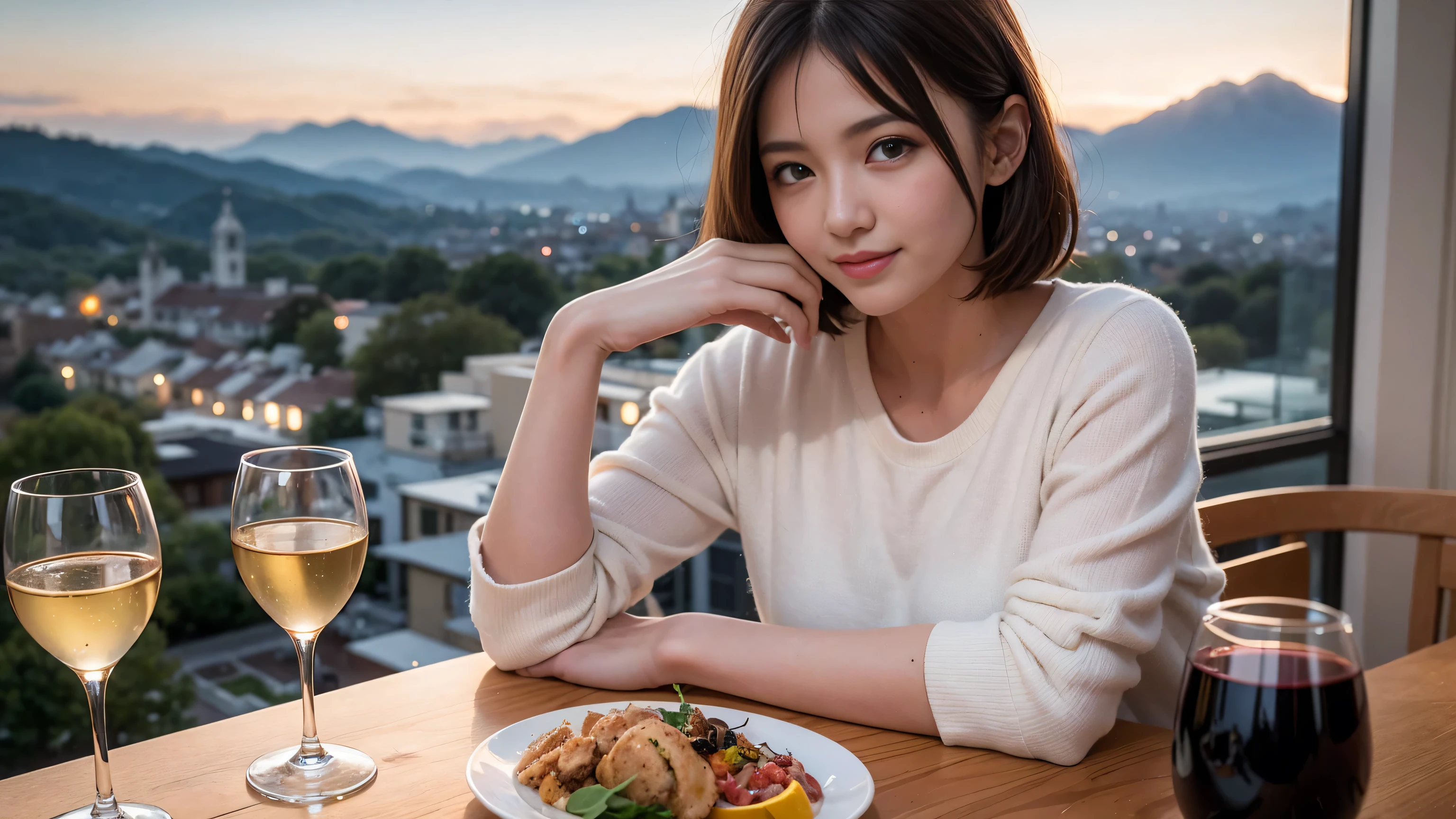 ((highest quality、8k、masterpiece:1.3))、Sharp focus:1.2、Beautiful woman perfect body:1.4、Slim body、((Bob Hale、Straight hair:1.2))、(to be born, highest quality, masterpiece:1.5), (Realistic, Intricate details:1.2), Ultra-high resolution, shine a light on your face、Spectacular view of the sunset sky and clouds、Amazing mountain views、A bright smile、wine glass、red wine 、Appetizer、Italian food、Wine bottle、Champagne、sparkling wine、, Beautiful Face, blue eyes, The light shines on your face, Blushing, short hair,Bright Face、Fox face、 (36 years old), 39 years old, Lady、Two beauties、Brown Hair、Shortcuts、Long sleeve shirt、dress、Pretty Woman 1, (Slim face), (The body is slim), (Brown Hair), (Shortcuts), cheeks turn a little red,Attractive beauty、, Out of the window, A beautiful and detailed night view unfolds.........., restaurant, In a prominent place (From the waist up) Nova Frog Style, actress, model, Upper Body, White wine, slim, wine glass, A wine glass placed in the middle, smile, (smile: 1.15), Beautiful fine grain, Depth f/2,saturation, High Contrast, Strong light and shadow,Moist Body:1.5、3D texture、Delicate eyes、Brown Hair、The hair is very shiny、