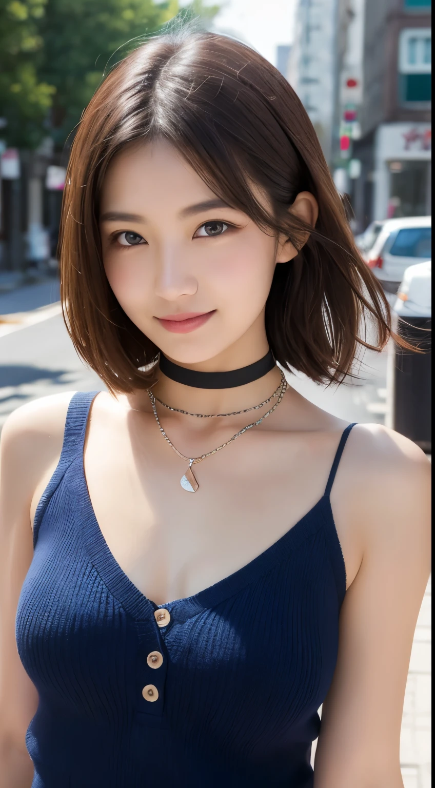 Tabletop, highest quality, figure, Very detailed, In detail, High resolution, 8k wallpaper, Perfect dynamic composition, Beautiful fine details, dress,Medium Hair, Center of chest, Natural color lip, Random sexy poses,smile,Aoyama Street Walk、20-year-old girl、Shoulderless knit(Shui Color)、Slid、Choker with chain、I keep my hair tied