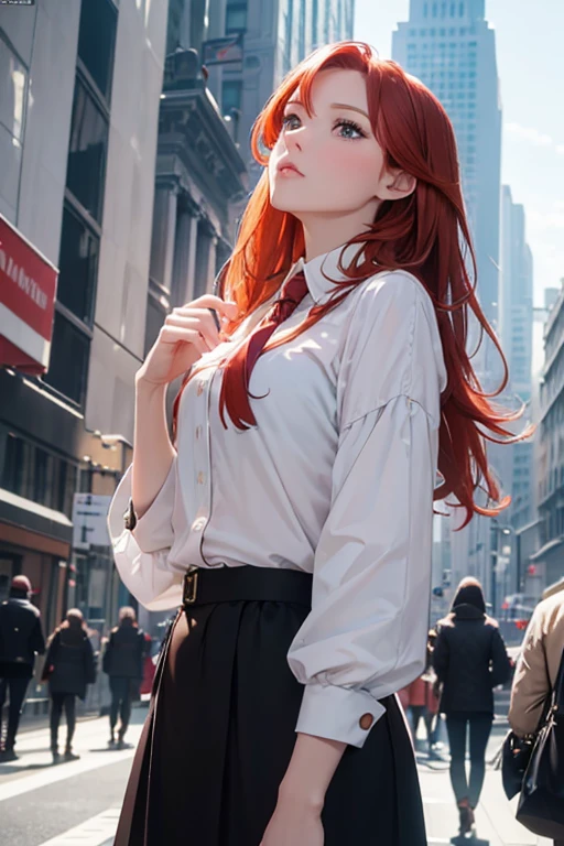 (8K), (best quality), (muste piece: 1.2) Redhead Wall Street Lady、Look up to the sky