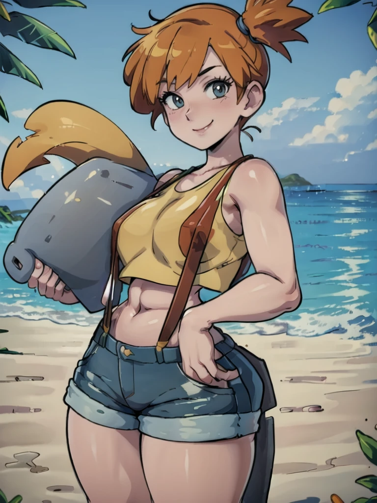 ((masterpiece,best quality)), absurdres,
Misty_Pokemon, yellow crop top, suspenders, side ponytail, orange hair, denim shorts, 
solo, smiling, blushing, looking at viewer, cowboy shot, from behind, 
cinematic composition, contrapposto, 
tropical beach,