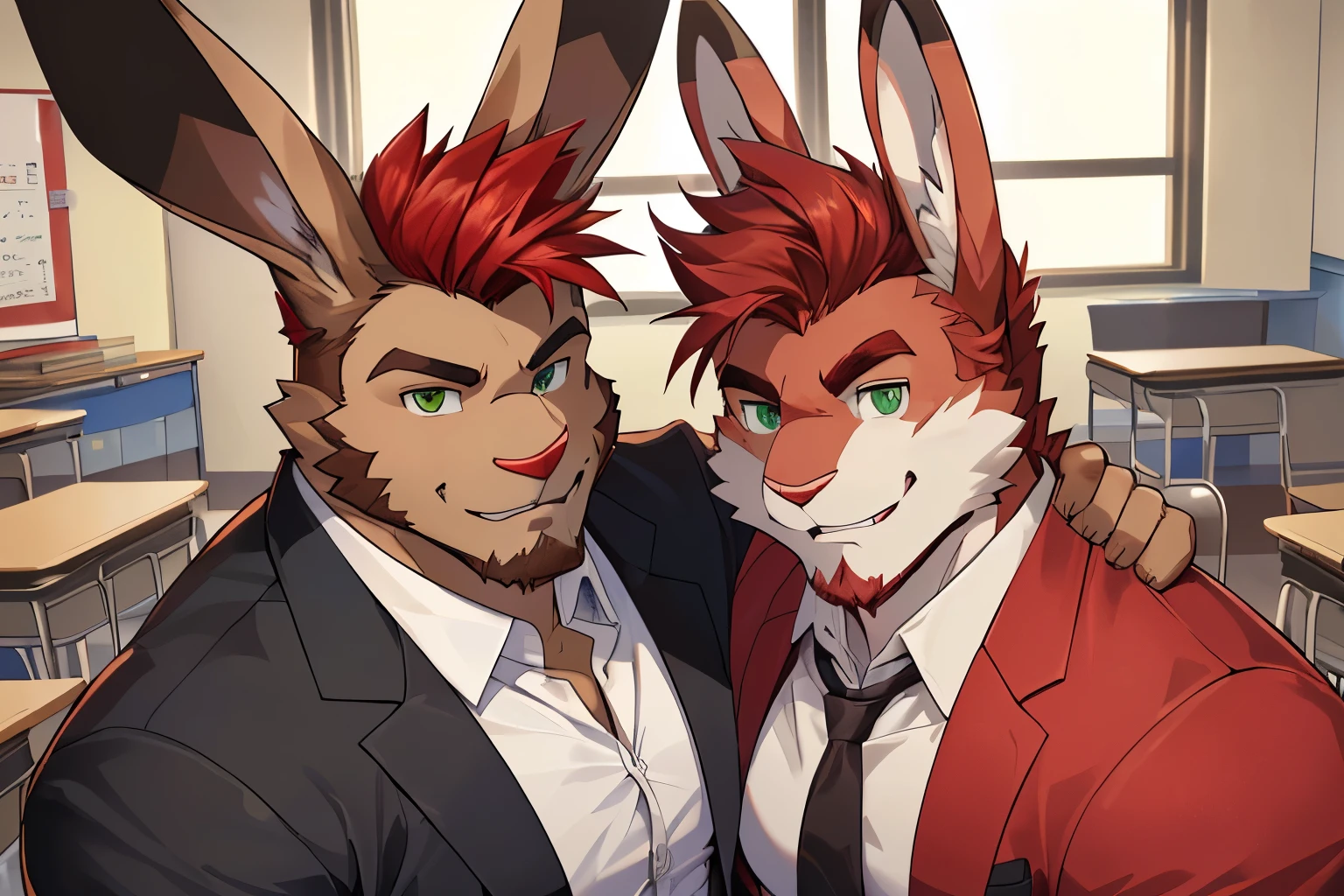 (perfect face, bara furry, rabbit man, big body, cardinal skin, short quiff red hair, green eyes, perfect eyes, big rabbit ears, handsome, at school) with (perfect face, bara furry, rabbit man, big body, light brown skin, short quiff red hair, green eyes, perfect eyes, big rabbit ears, handsome, at school)