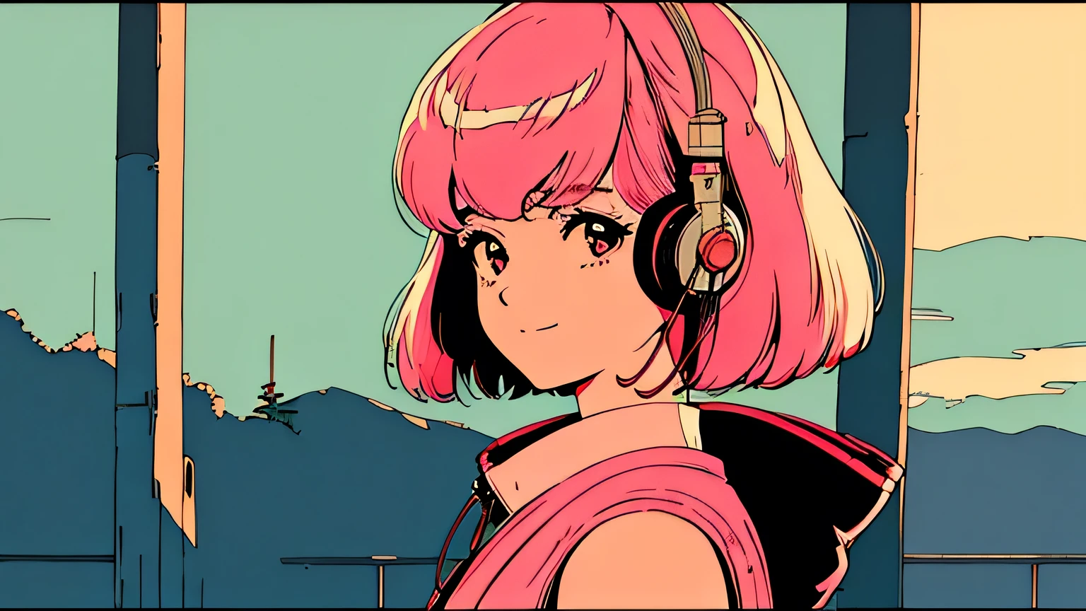 shoulder length pink Hair, fluffy bob cut, wearing headphones, Futuristic yet lofi, retro, master piece, (( side shot )), maiko, light smile, torii, Kyoto