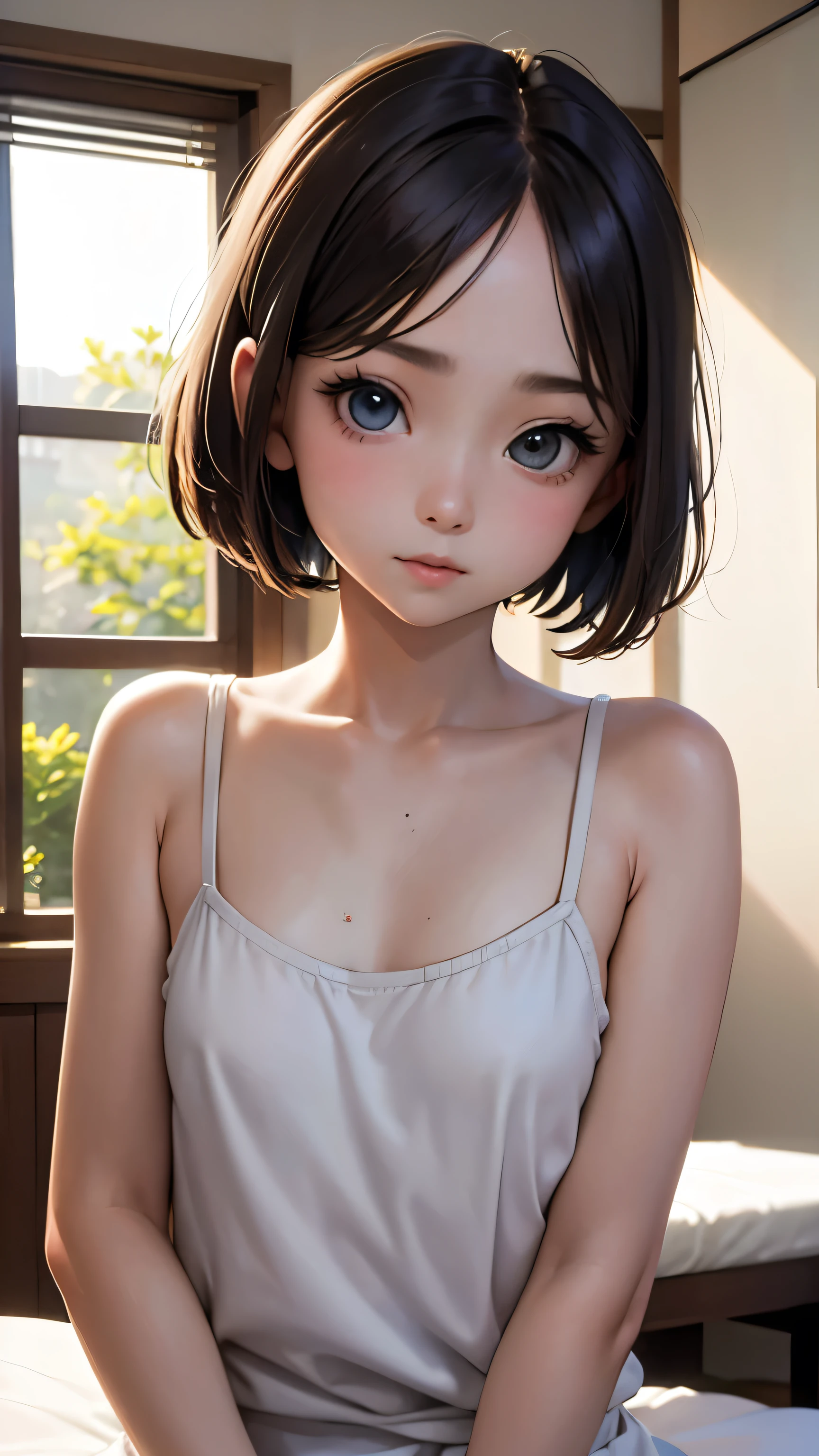short hairと白のシャツ, Summer knitwear, short hair, Short hair with bangs, Cute face girl, Cute little face in a portrait, French Bob, White skin!!, Short brown hair and big eyes, Soft Portrait Shot 8k, Beautiful light、Big eyes, Beautiful girl, Young girl with bob cut, Best image quality, Tabletop, Leonardo da Vinci's Notebooks Da Vinci, Leonardo da Vinci's manuscript in the background,See-through gown,Exposing breasts,Man and woman hug,,