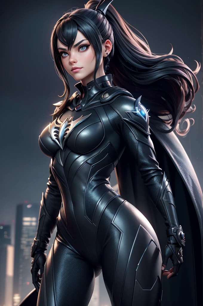 better quality,4K,8k,High resolution, masterpiece:1.2, ultra-detailed, Realistic:1.37, illustration, futuriste, haute technologie, metallic, high detailed suit, Advanced Cybernetic Combination, Kristin Kreuk avec ponytail et des yeux verts, déguisée en Batwoman de DC Comics, atmosphère sombre, intense lighting, Insigne de chauve-souris sur la poitrine, ceinture utilitaire avec gadgets, Masque aux yeux brillants, Detailed Muscle Definition, Finition brillante, sharp edges, Sleek design, Mysterious setting, Rain pouring in the background, Flou de mouvement, Tons de couleurs sombres, ombres intenses, Skyline de la ville de Gotham au loin, Building rooftops, Simulated Raindrops, Reflection on the costume, Rivets et coutures, une forme physique extraordinaire, Position puissante, action pose, Physique impressionnant, Iconic cape that flows dramatically, Heroic Vibes, Imposing presence