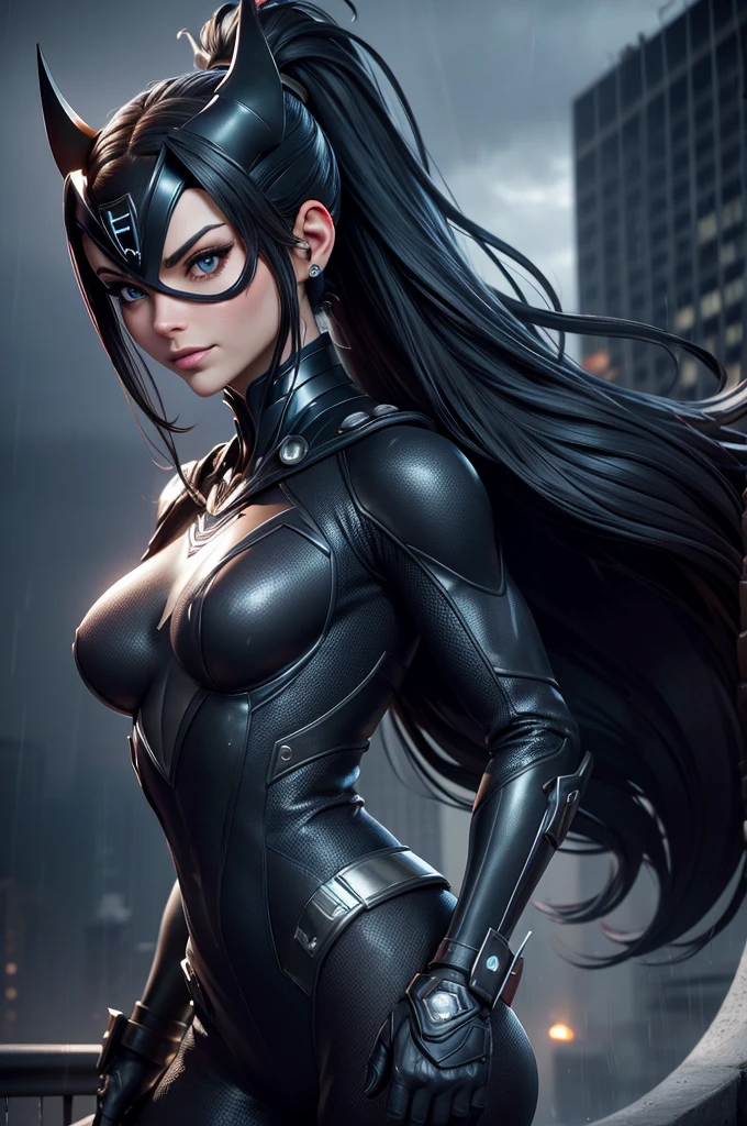 spider-woman in suit, black hair, blue eyes, large breasts, wide hips, thick thighs, no teeth, beautiful face