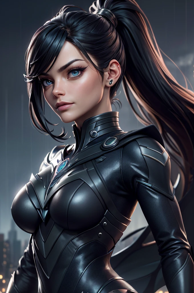 better quality,4K,8k,High resolution, masterpiece:1.2, ultra-detailed, Realistic:1.37, illustration, futuriste, haute technologie, metallic, high detailed suit, Advanced Cybernetic Combination, Kristin Kreuk avec ponytail et des yeux verts, déguisée en Batwoman de DC Comics, atmosphère sombre, intense lighting, Insigne de chauve-souris sur la poitrine, ceinture utilitaire avec gadgets, Masque aux yeux brillants, Detailed Muscle Definition, Finition brillante, sharp edges, Sleek design, Mysterious setting, Rain pouring in the background, Flou de mouvement, Tons de couleurs sombres, ombres intenses, Skyline de la ville de Gotham au loin, Building rooftops, Simulated Raindrops, Reflection on the costume, Rivets et coutures, une forme physique extraordinaire, Position puissante, action pose, Physique impressionnant, Iconic cape that flows dramatically, Heroic Vibes, Imposing presence
