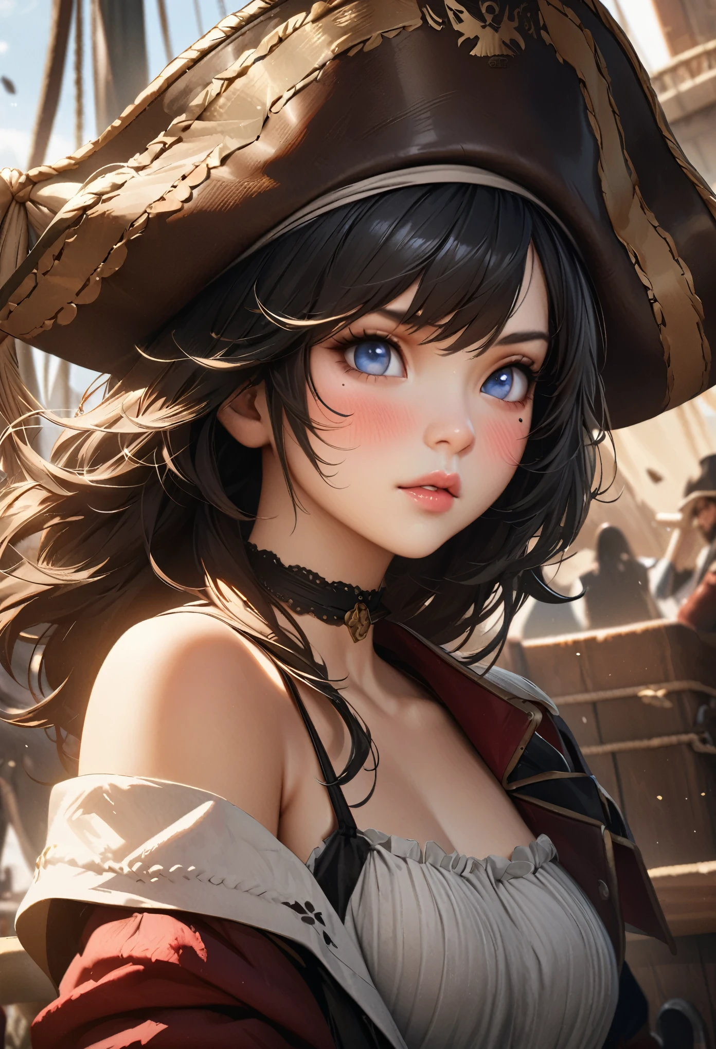 LittleMasterpiece, Best Quality, Highly Detailed, High Definition, High Definition, High Definition, 4k, 8k, Unity 8K Wallpaper, Highly Detailed CG, Masterpiece, Realistic, Beautiful Details, Depth, Fine Texture, Best Quality: 1.3, Total concentration, perfect skin, him, very cute anime, female pirate, pirate costume, pirate ship, whole body, mole under the eye, gaze, high, blush, lips parted, his art, Blue eyes, choker
