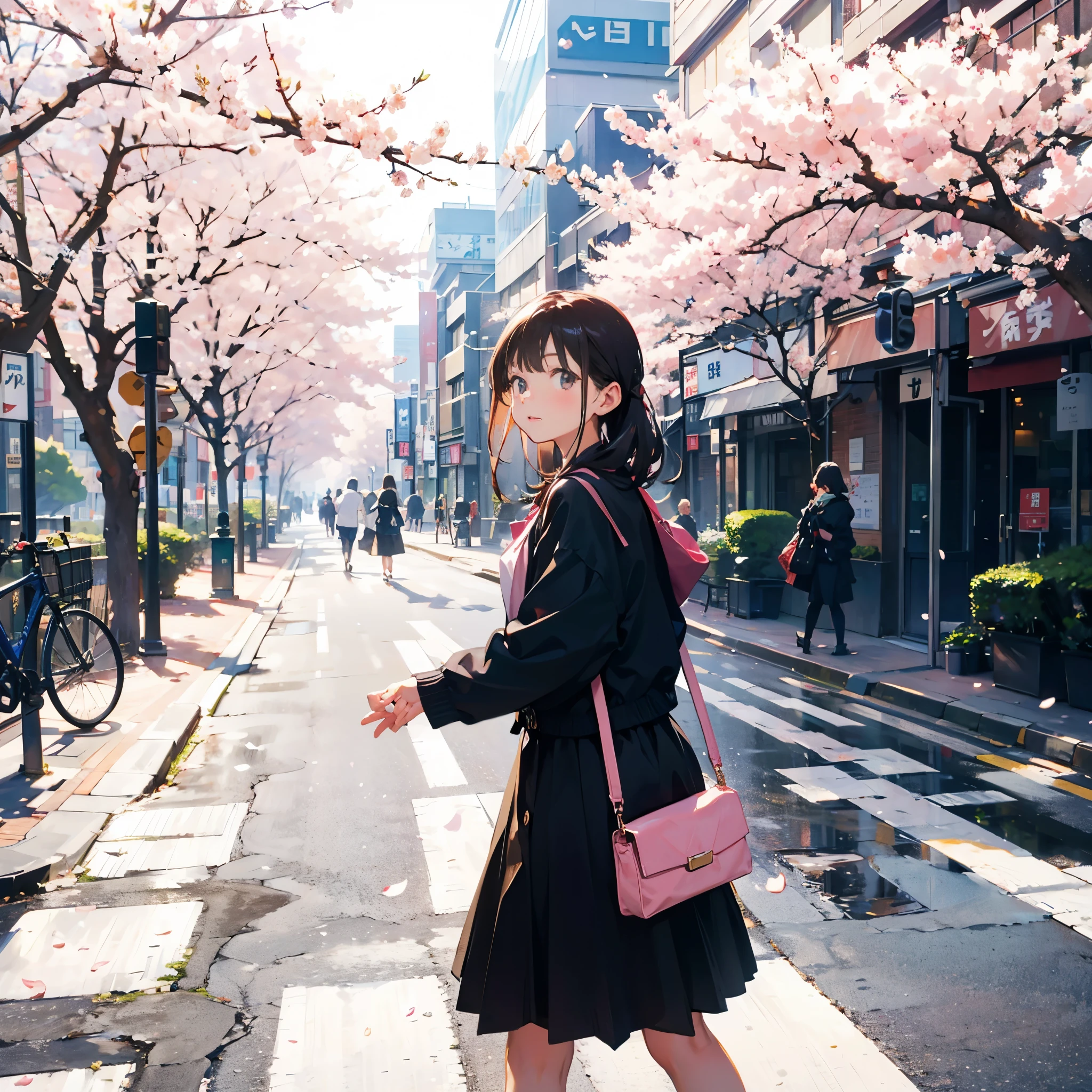 masterpiece, 1girl, solo, walking on the street, Tokyo, spring, cherry blossoms