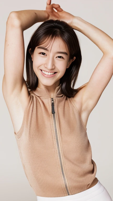 (best quality:1.2), masterpiece, ((anatomically correct proportions : 1.5)), ((perfect proportions)), 1 Japanese girl, (12-year-old, ultra cute kawaii:1.3), ((upper body)), solo, smile, standing, looking at viewer, (nup, cheerleader:1.2), (wearing Cheerleader's sleeveless shirt and pleated mini skirt) , ((focus on her armpits)), (((Sweaty armpits))), Armpit depression, ((((Dimpled Armpits)))), ((((Deeply wrinkled armpits))))