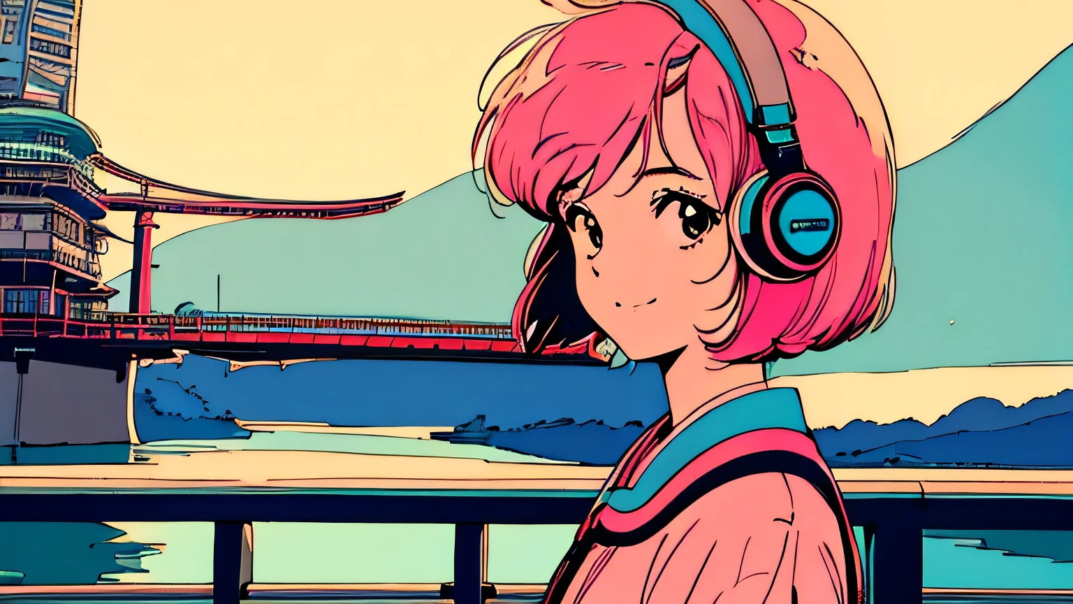 master piece, City Pop style, Pink Hair, fluffy bob cut, wearing headphones, shoulder length, alone, Futuristic, yet, lofi, retro, vintage, Ghost, light smile
, (( side shot )), maiko, light smile, torii, Kyoto