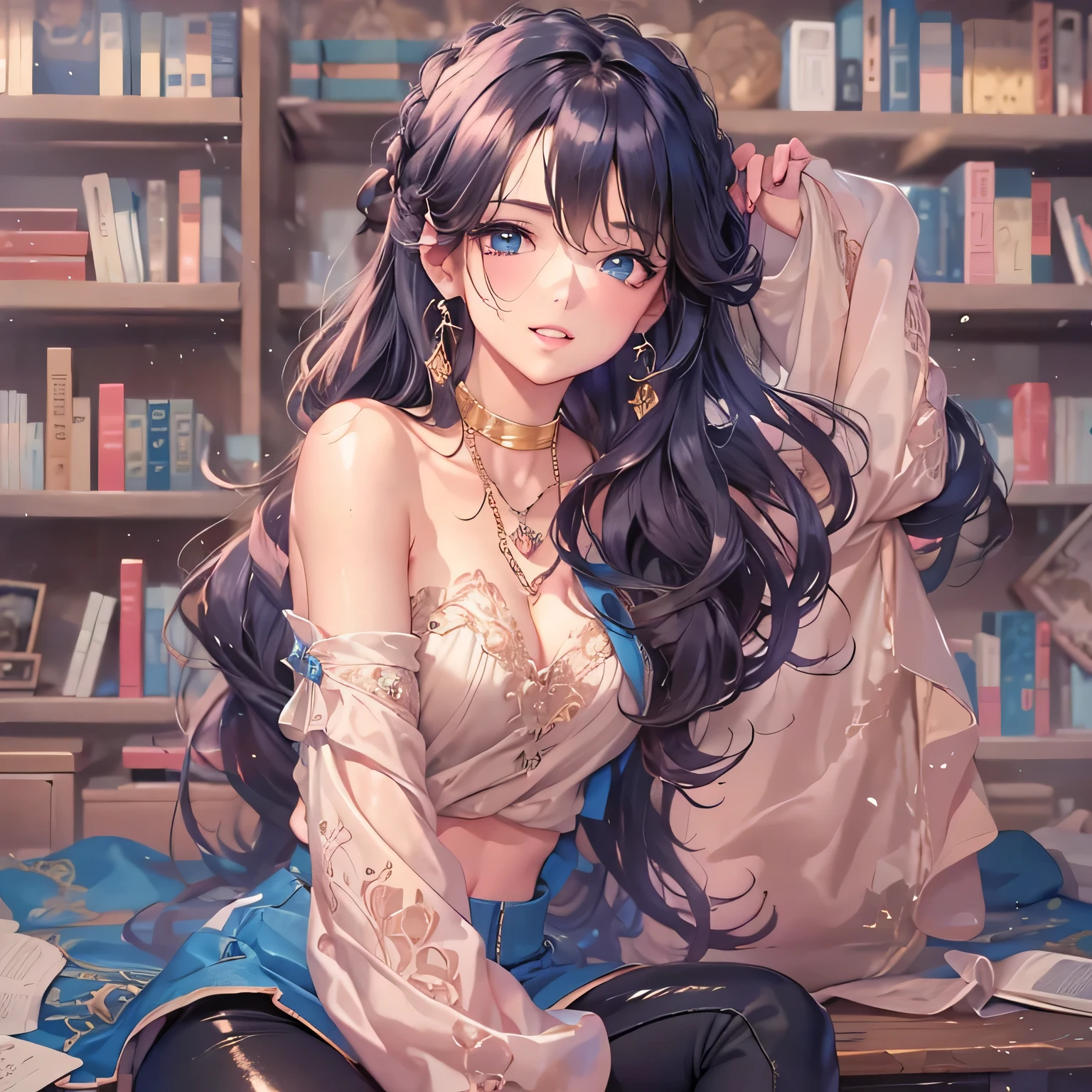 masterpiece、highest quality、High resolution、High-quality images、8k, 1 female、Skin Radiance、Texture of skin and clothing、Expression of fine eyes、shiny black hair,Girl with long braided hair, Manga inspired by Lee Jong-suk, Trending on deviantart, realism, detailed manga style, Manga art style, Perfect Line Drawing, Beautiful line art, digital manga art girl, K-POPアイドル, one piece,Large Breasts,Beautiful blue eyes, Lips become thicker, Gorgeous face with attention to detail, (Cute Smile), charm, Innocent, Side view, (Perfectly detailed face), (Beautiful Hands) Photorealistic images, Written boundary depth, Princess Hairstyles, Small shiny necklace and earrings, (Glossy Lips: 1.4), break, one person'Perspective, (She is a very cute female teacher.), (Cute pink lace panties), (Captivating smile: 1.2), ((Pure and cute girl:1.3)), (Long Wavy Hair), (latte color hair:1.2), , break, ((Very close relationship: 1.2)), Medium sized big breasts, ((Looking at the audience:1.2)), ((Library 1.2)), ((Bend your knees and spread your legs wide:1.2)), (From the side:1.2),Low angle shot,Off-the-shoulder sweater,Tight jeans mini skirt , Embarrassed look ,Kamimei,Romanticism,